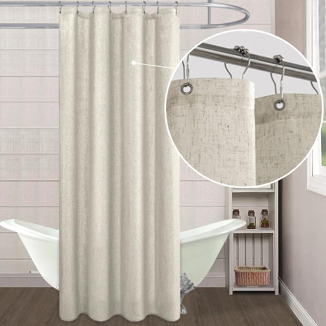 KOUFALL Natural Linen Fabric Shower Curtain Liner Set with Hooks Outdoor Waterproof Water Vintage Country Style Rustic Shower Curtains for Bathroom,Tan Beige,72 x 84 Inch Tall