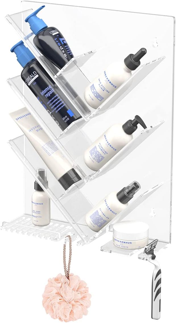 AITEE Acrylic Bathroom Organizer Caddy, Clear Shampoo Holder Wall Mounted, Shower Organizer with Suction Cup, No Drilling and Rustproof, Sturdy and Durable - Combination Shelf