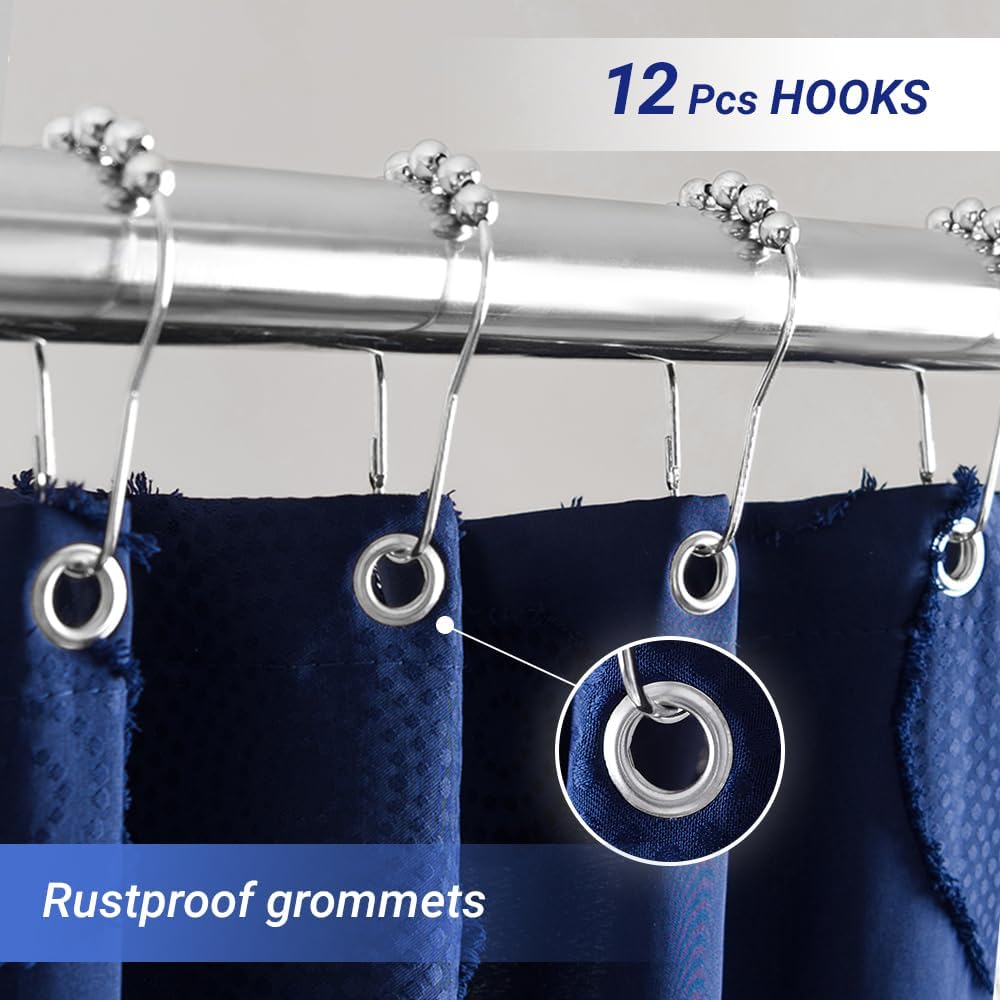 Waterproof Fabric Shower Curtain for Bathroom - Washable, 72"x72", Boho Style, Textured Jacquard, Hotel Quality, 12 Metal Hooks, Navy Blue