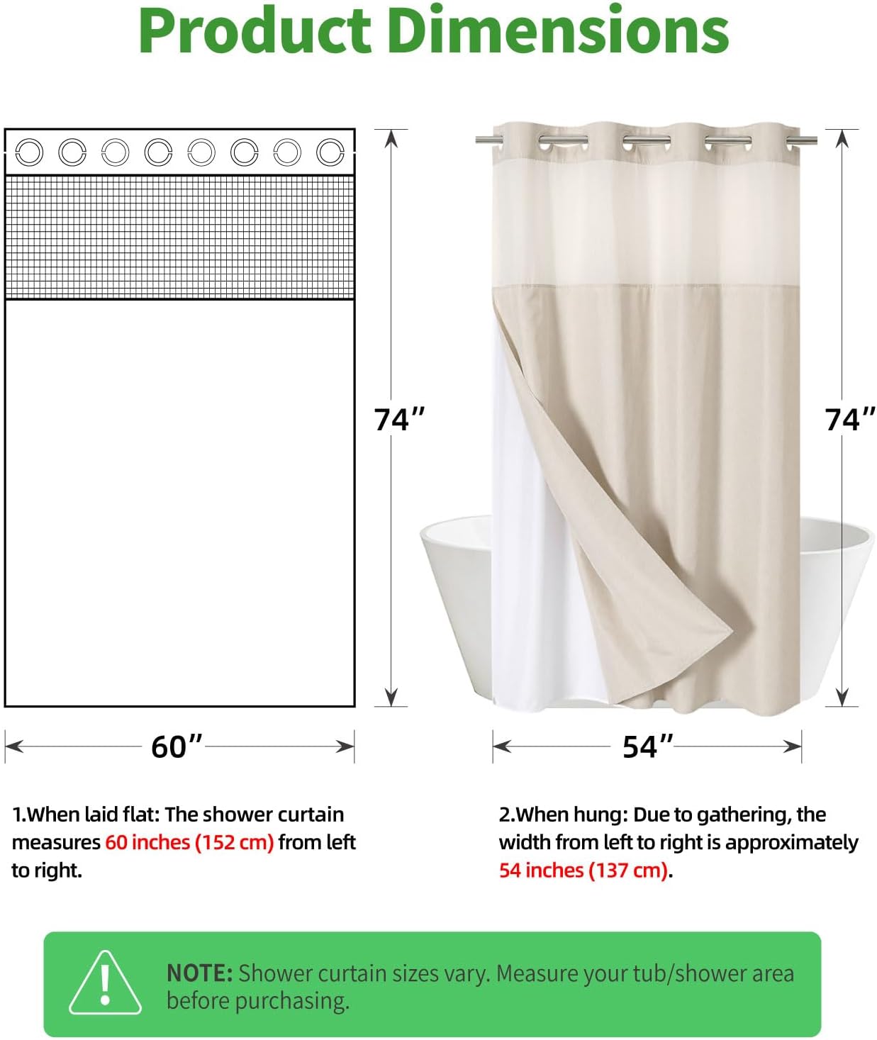 Stall No Hooks Needed Linen Textured Shower Curtain with Snap-in Fabric Liner Set,Hotel Luxury Decor Shower Curtains for Bathroom,Waterproof & Washable,60Wx74H,Cream