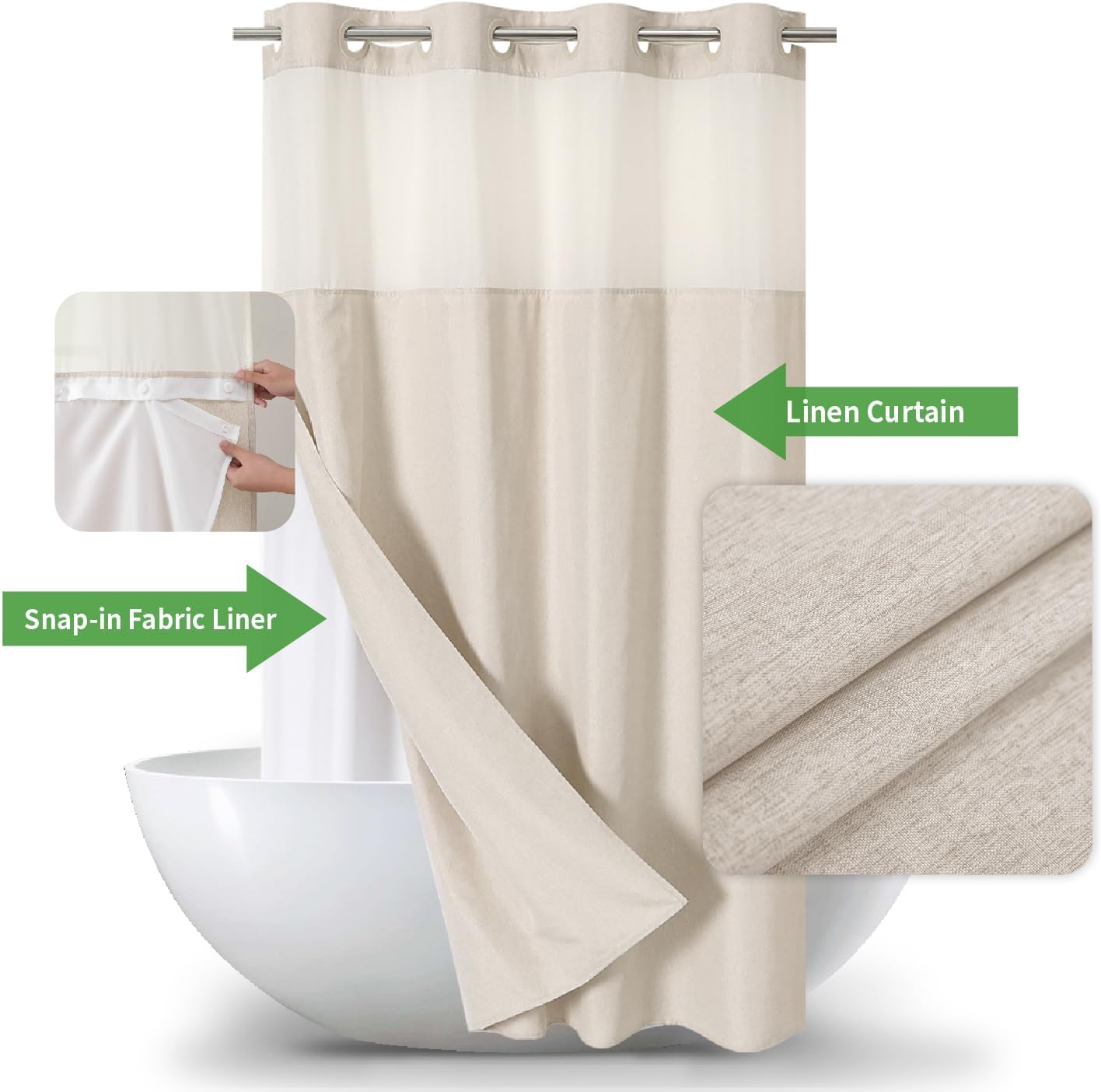 Stall No Hooks Needed Linen Textured Shower Curtain with Snap-in Fabric Liner Set,Hotel Luxury Decor Shower Curtains for Bathroom,Waterproof & Washable,60Wx74H,Cream