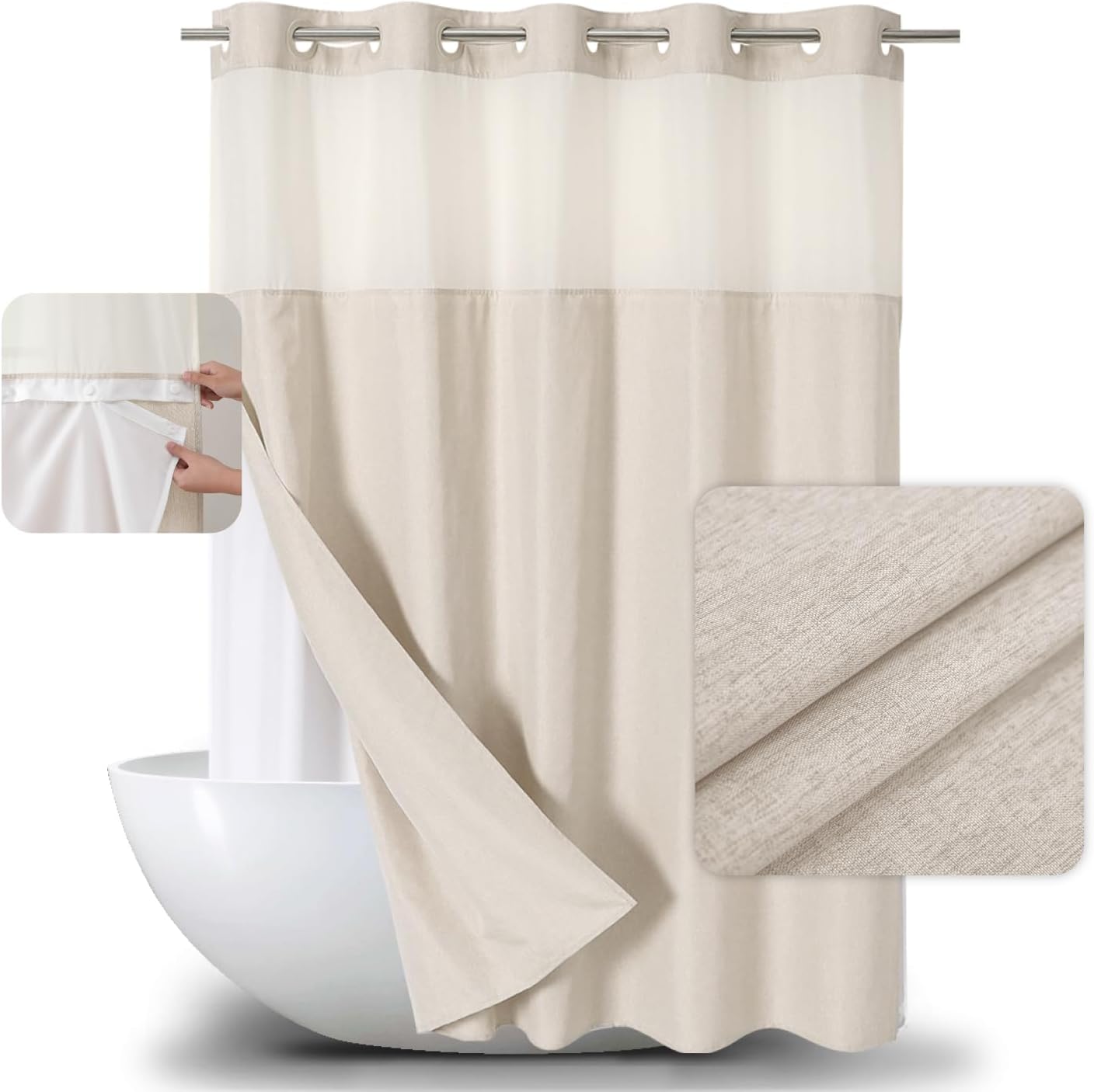 Stall No Hooks Needed Linen Textured Shower Curtain with Snap-in Fabric Liner Set,Hotel Luxury Decor Shower Curtains for Bathroom,Waterproof & Washable,60Wx74H,Cream