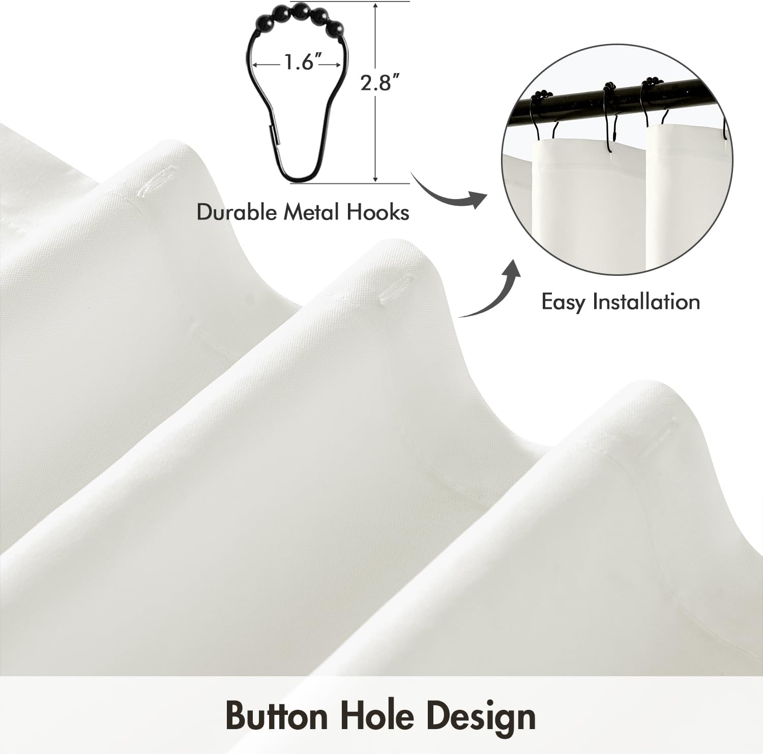 ANRODUO White Extra Long Fabric Shower Curtain, 108 Inch Long Heavy Duty Cloth Shower Curtain Set with 12 Metal Hooks, Waterproof Decor Machine Washable for Bathroom Bathtub Hotel, 72 x 108