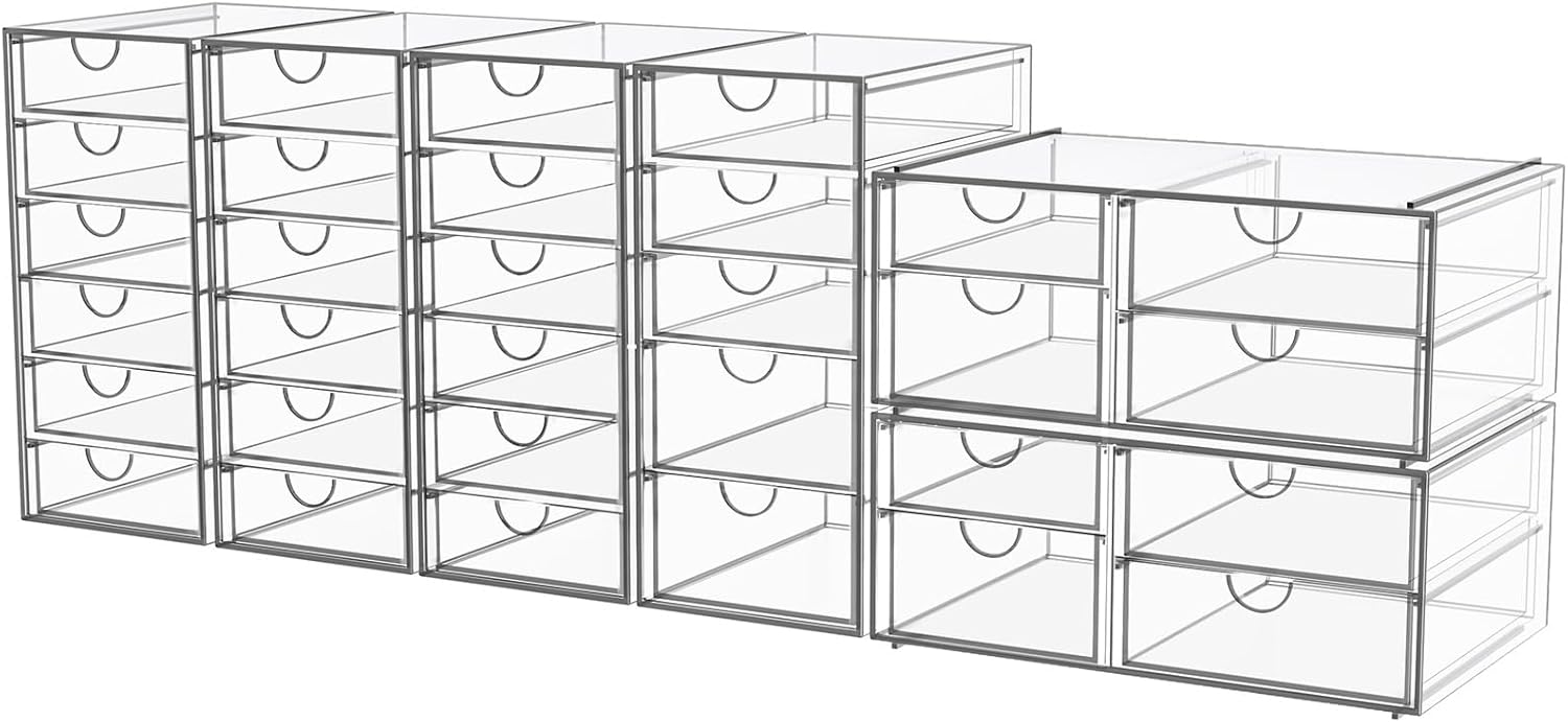 Acrylic Makeup Organizer with 19 Drawers, 4 Pack Clear Storage Drawers, Bathroom Makeup Organizer for Palettes, Cosmetic, and Beauty Supplies,Ideal for Vanity, Cabinet,Desk Organization