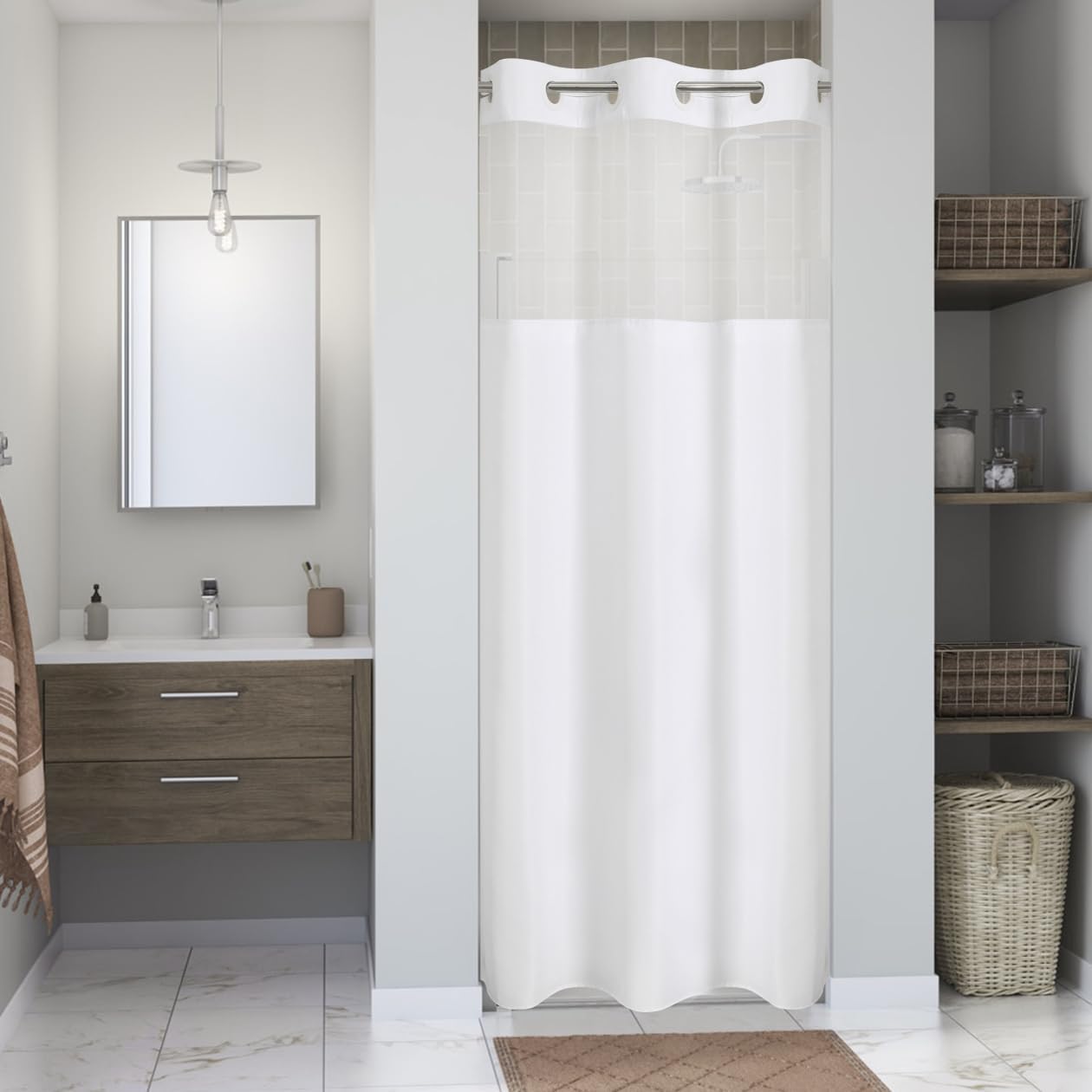 Stall No Hooks Needed Linen Textured Shower Curtain with Snap-in Fabric Liner Set,Hotel Luxury Decor Shower Curtains for Bathroom,Waterproof & Washable,60Wx74H,Cream