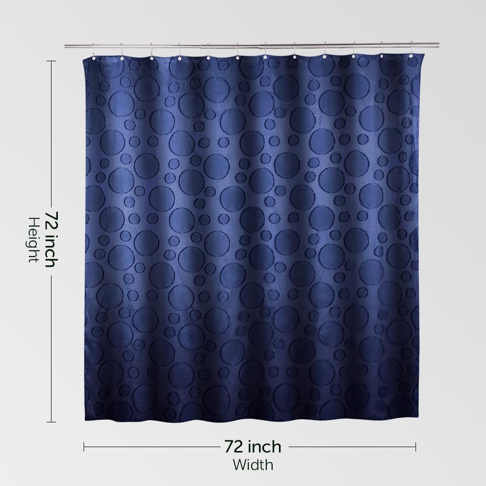 Waterproof Fabric Shower Curtain for Bathroom - Washable, 72"x72", Boho Style, Textured Jacquard, Hotel Quality, 12 Metal Hooks, Navy Blue