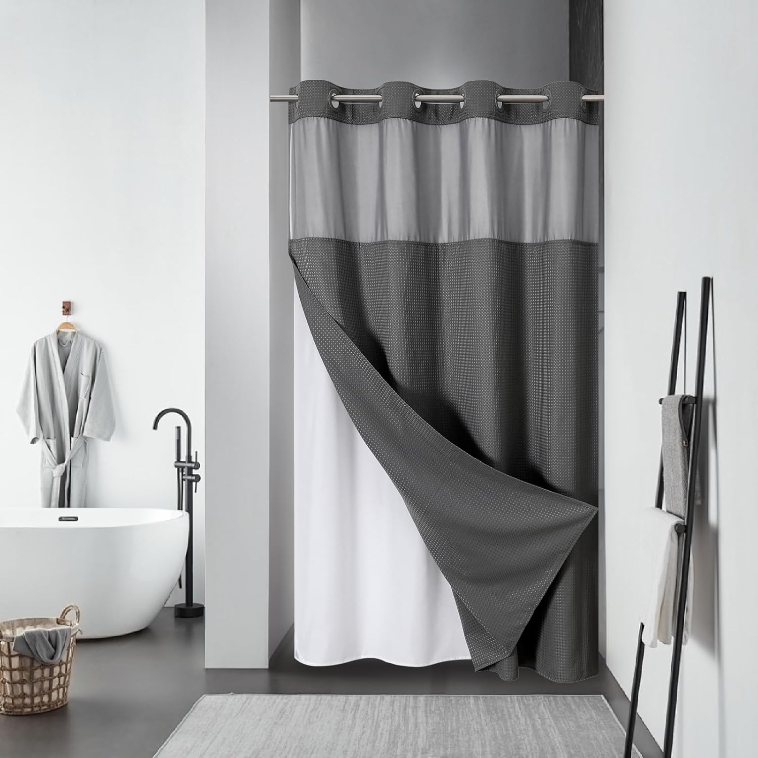 FrostBlue No Hook Waffle Weave Shower Curtain with snap-in Liner Replacement, 230GSM Waterproof Fabric Hotel Shower Curtain Set for Bathroom, Through Mesh Top Window,71Wx74H