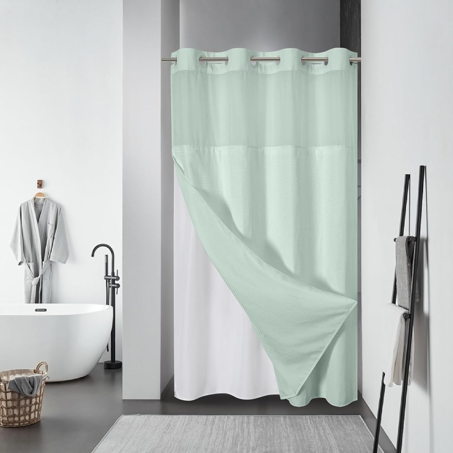 FrostBlue No Hook Waffle Weave Shower Curtain with snap-in Liner Replacement, 230GSM Waterproof Fabric Hotel Shower Curtain Set for Bathroom, Through Mesh Top Window,71Wx74H