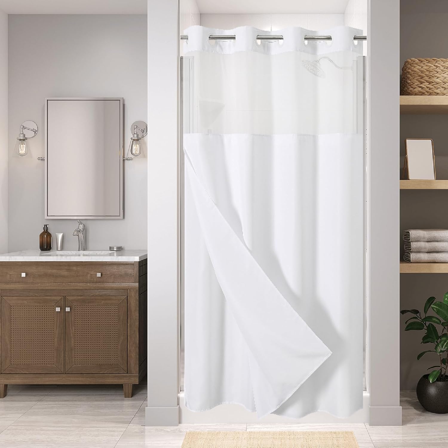 Stall No Hooks Needed Linen Textured Shower Curtain with Snap-in Fabric Liner Set,Hotel Luxury Decor Shower Curtains for Bathroom,Waterproof & Washable,60Wx74H,Cream