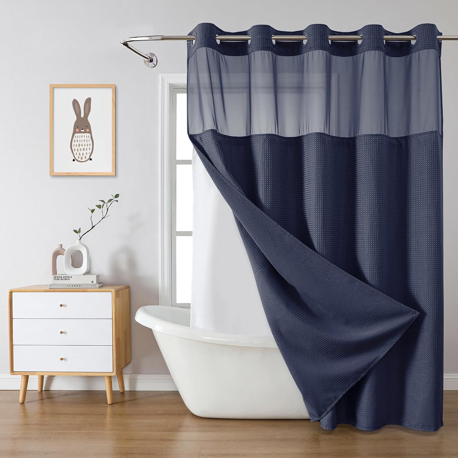 FrostBlue No Hook Waffle Weave Shower Curtain with snap-in Liner Replacement, 230GSM Waterproof Fabric Hotel Shower Curtain Set for Bathroom, Through Mesh Top Window,71Wx74H