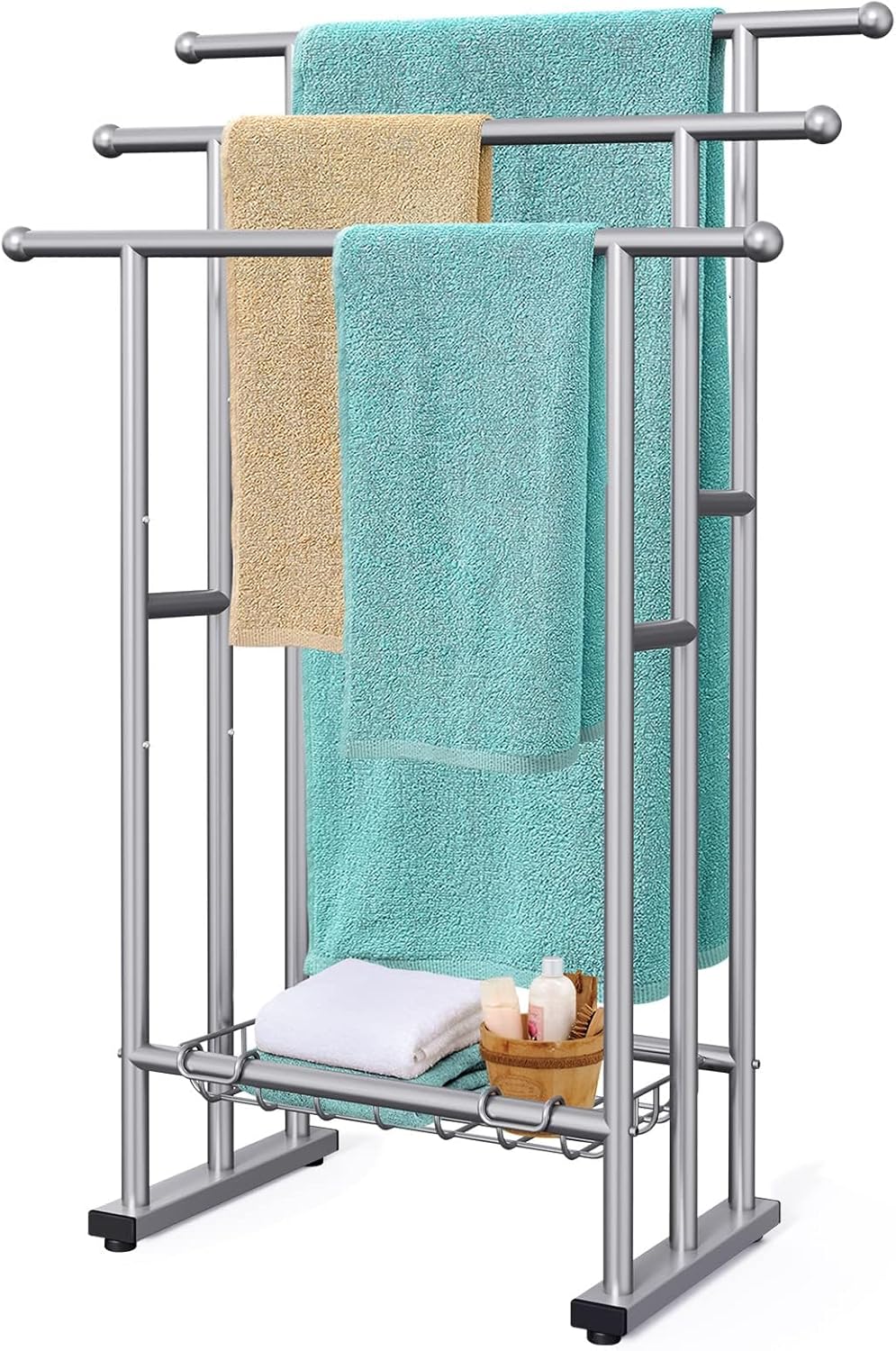 40" Tall Freestanding Towel Racks for Bathroom, 3 Tier Floor Towel Rack with Storage Basket, Blanket Ladder Drying and Display Rack for Large Bath & Hand Towel Outdoor Poolside