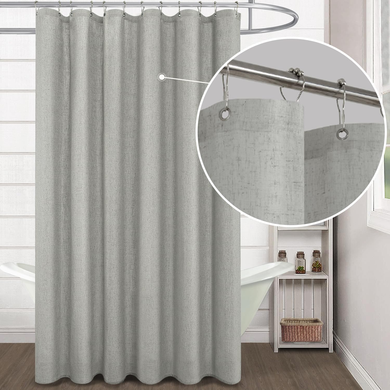 KOUFALL Natural Linen Fabric Shower Curtain Liner Set with Hooks Outdoor Waterproof Water Vintage Country Style Rustic Shower Curtains for Bathroom,Tan Beige,72 x 84 Inch Tall