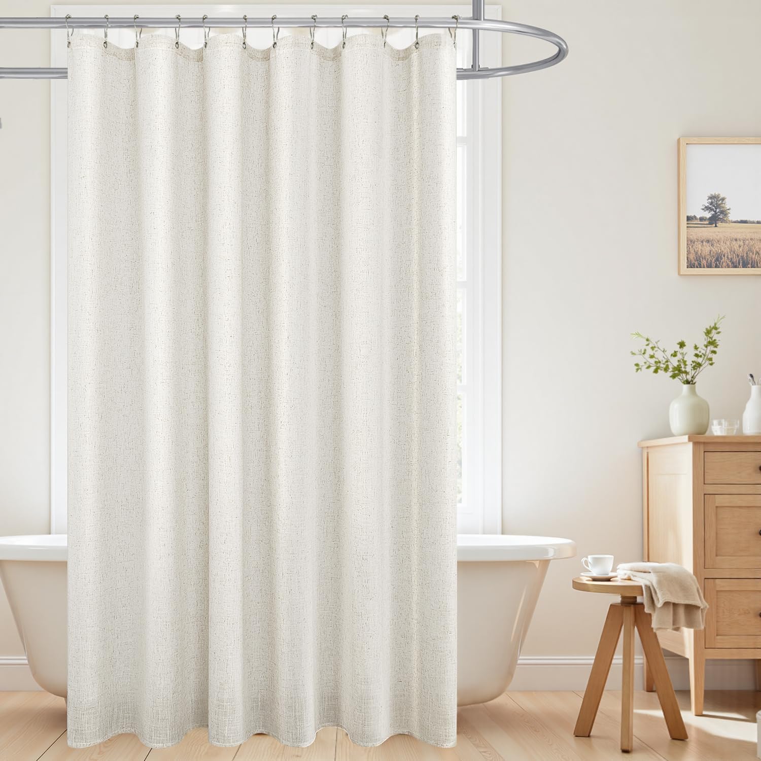 KOUFALL Natural Linen Fabric Shower Curtain Liner Set with Hooks Outdoor Waterproof Water Vintage Country Style Rustic Shower Curtains for Bathroom,Tan Beige,72 x 84 Inch Tall