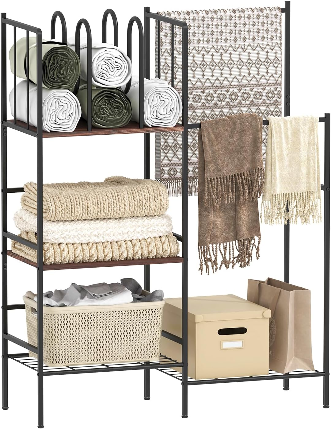 aboxoo Free Standing Towel Rack, 3 Tier Blanket Rack with M-Shaped Dividers,2 Tier Drying and Display Rack, Towel Holder for Bathroom,Blanket Storage for Living Room, Rustic Brown and Black
