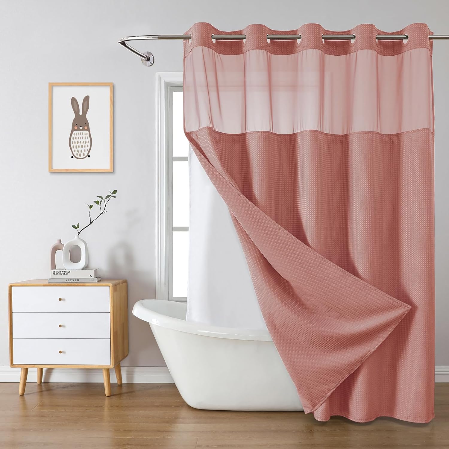 FrostBlue No Hook Waffle Weave Shower Curtain with snap-in Liner Replacement, 230GSM Waterproof Fabric Hotel Shower Curtain Set for Bathroom, Through Mesh Top Window,71Wx74H