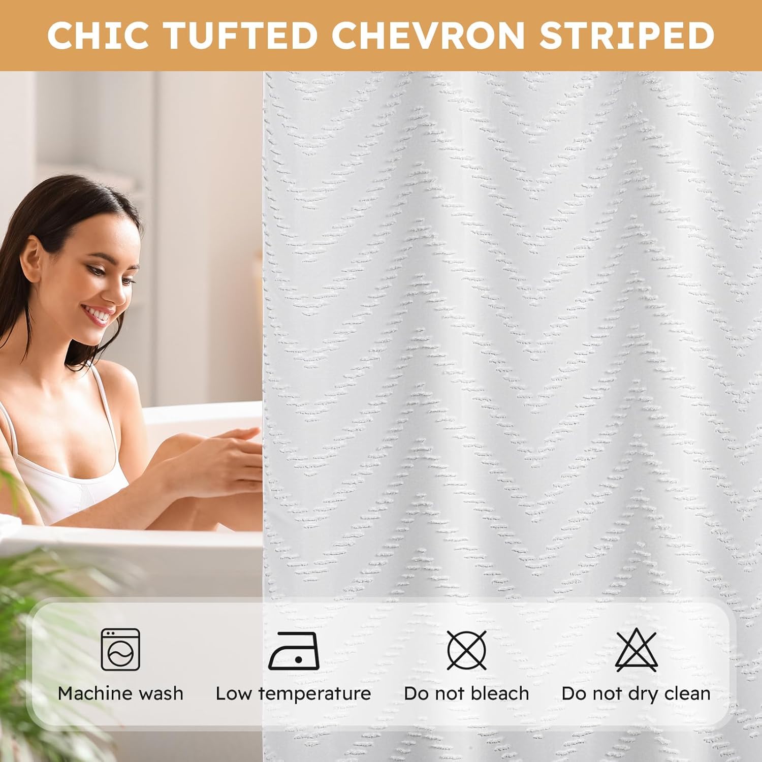No Hook Shower Curtain and Snap in Liner Set White Tufted Chevron Striped Cloth Waterproof Washable Fabric Boho Bath Curtain with See Through Mesh Top Window for Bathroom Hotel 71" x 74"