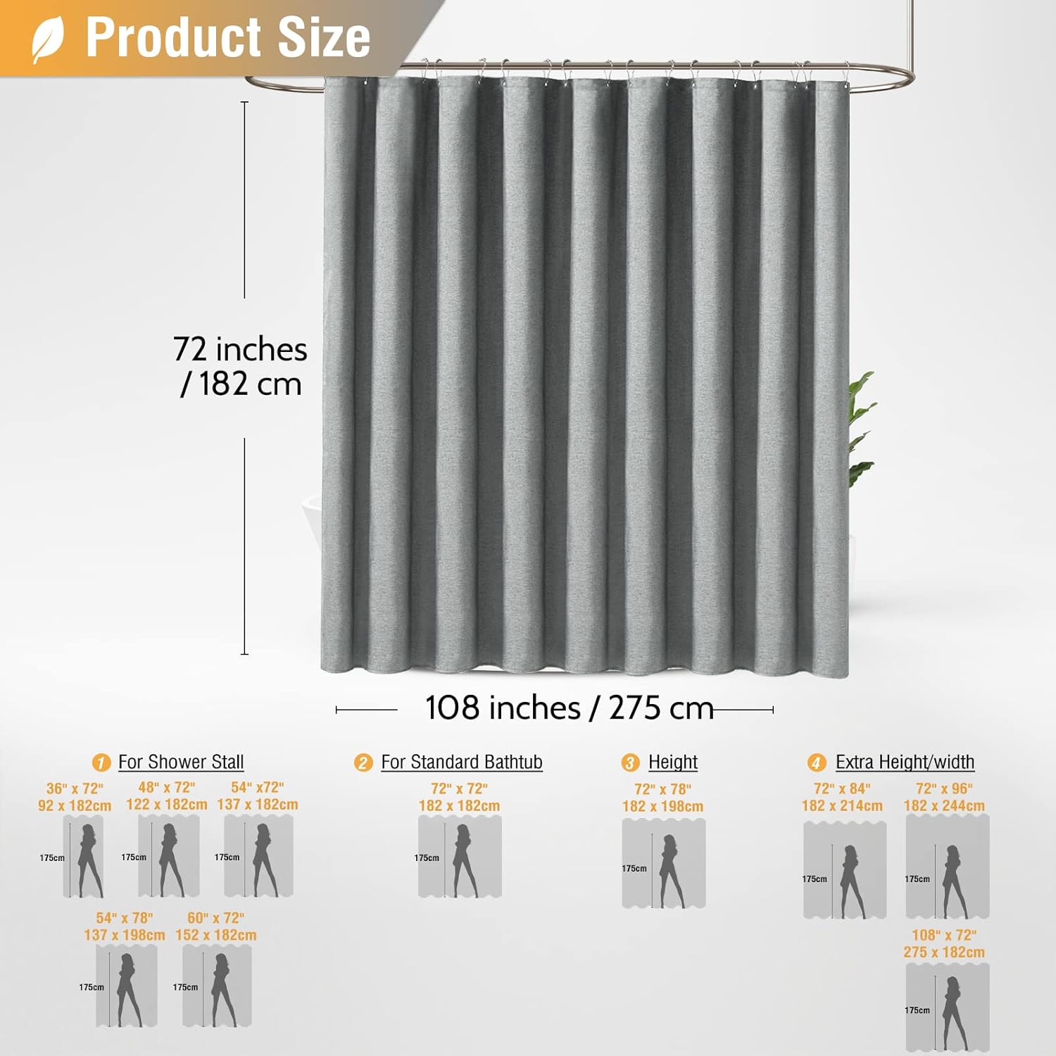 BTTN Extra Wide Shower Curtain - 108x72 Inch Linen Textured Waterproof Fabric Shower Curtain Set with 18 Plastic Hooks, Large Modern Neutral Cloth Shower Curtains for Bathroom and Bathtub - Grey/Gray