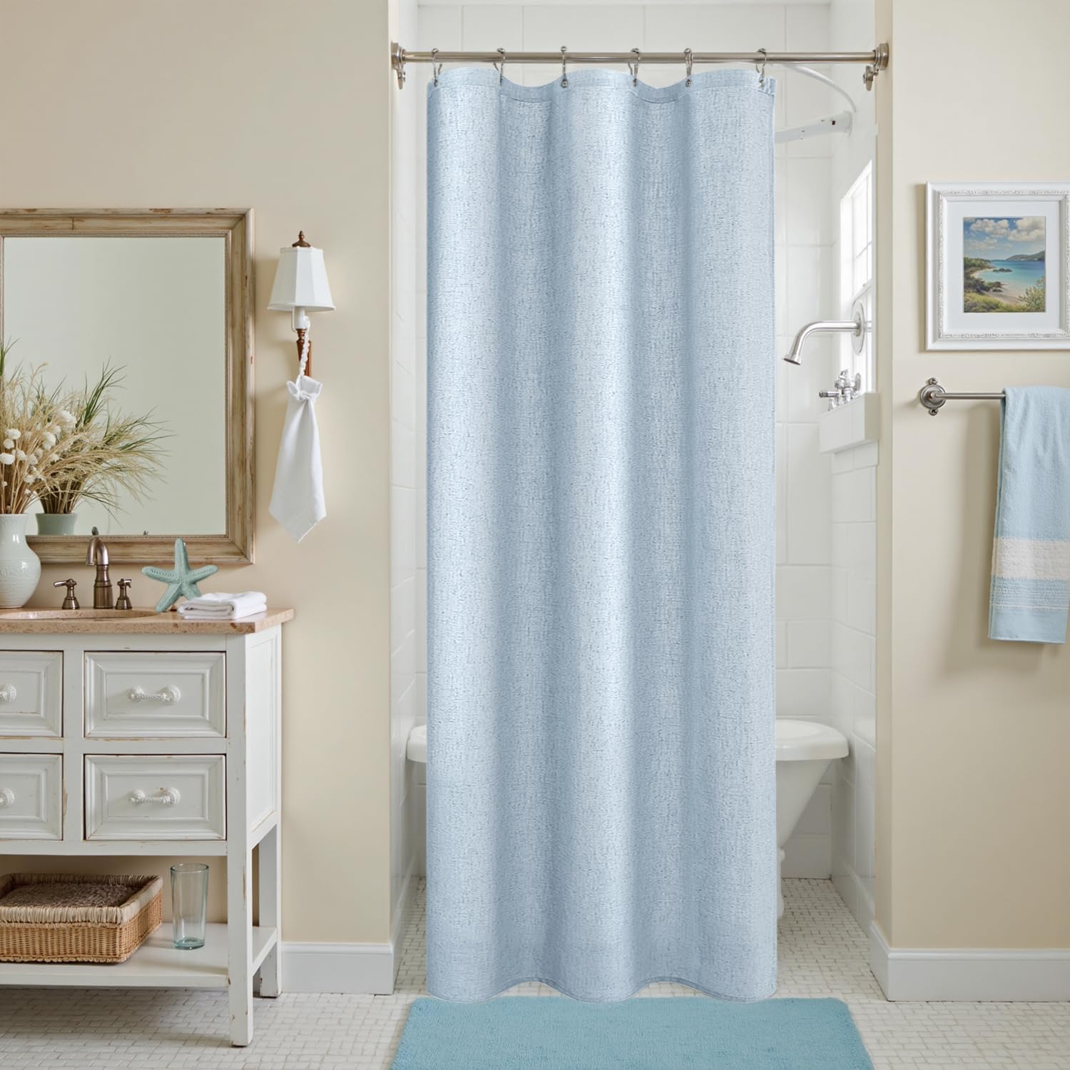 KOUFALL Natural Linen Fabric Shower Curtain Liner Set with Hooks Outdoor Waterproof Water Vintage Country Style Rustic Shower Curtains for Bathroom,Tan Beige,72 x 84 Inch Tall