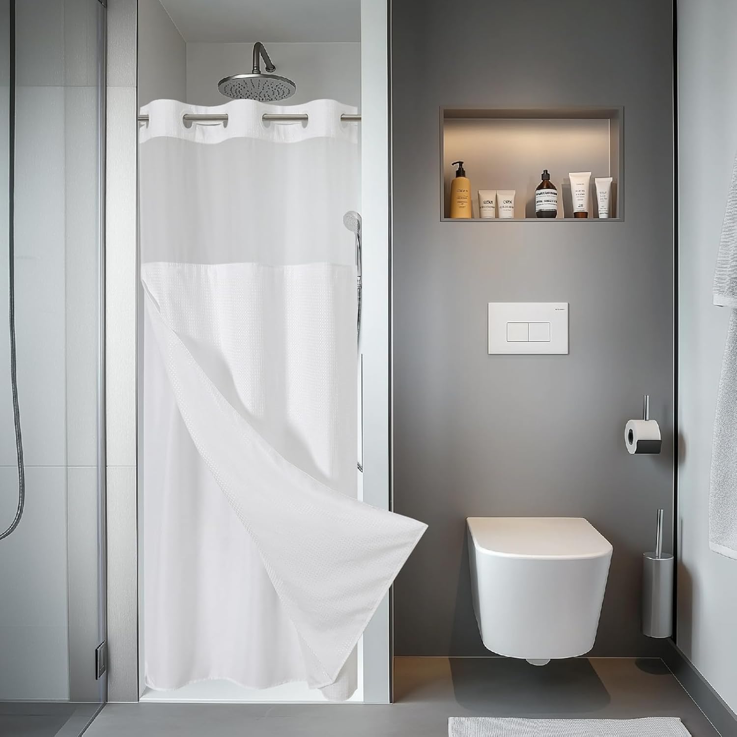 FrostBlue No Hook Waffle Weave Shower Curtain with snap-in Liner Replacement, 230GSM Waterproof Fabric Hotel Shower Curtain Set for Bathroom, Through Mesh Top Window,71Wx74H