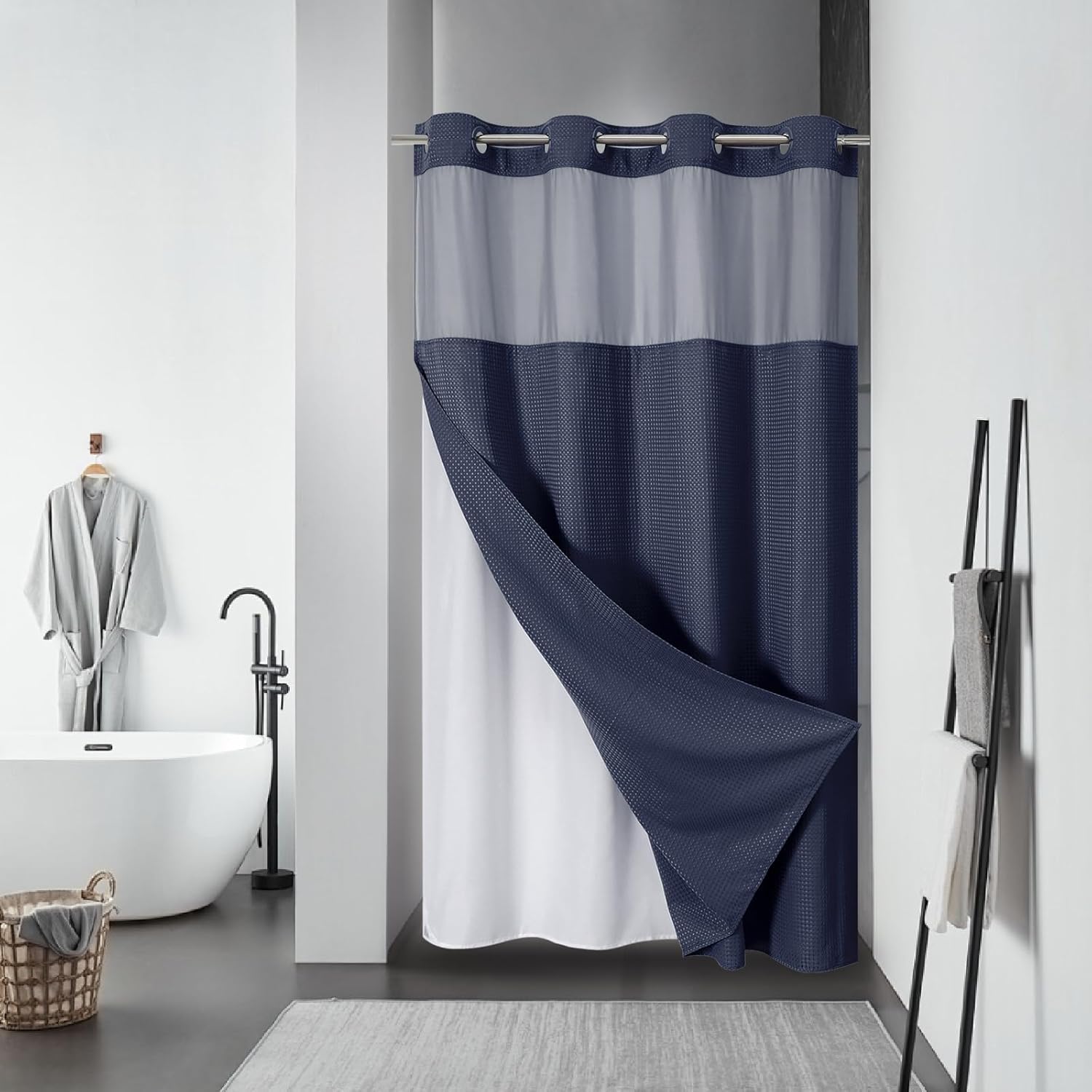 FrostBlue No Hook Waffle Weave Shower Curtain with snap-in Liner Replacement, 230GSM Waterproof Fabric Hotel Shower Curtain Set for Bathroom, Through Mesh Top Window,71Wx74H