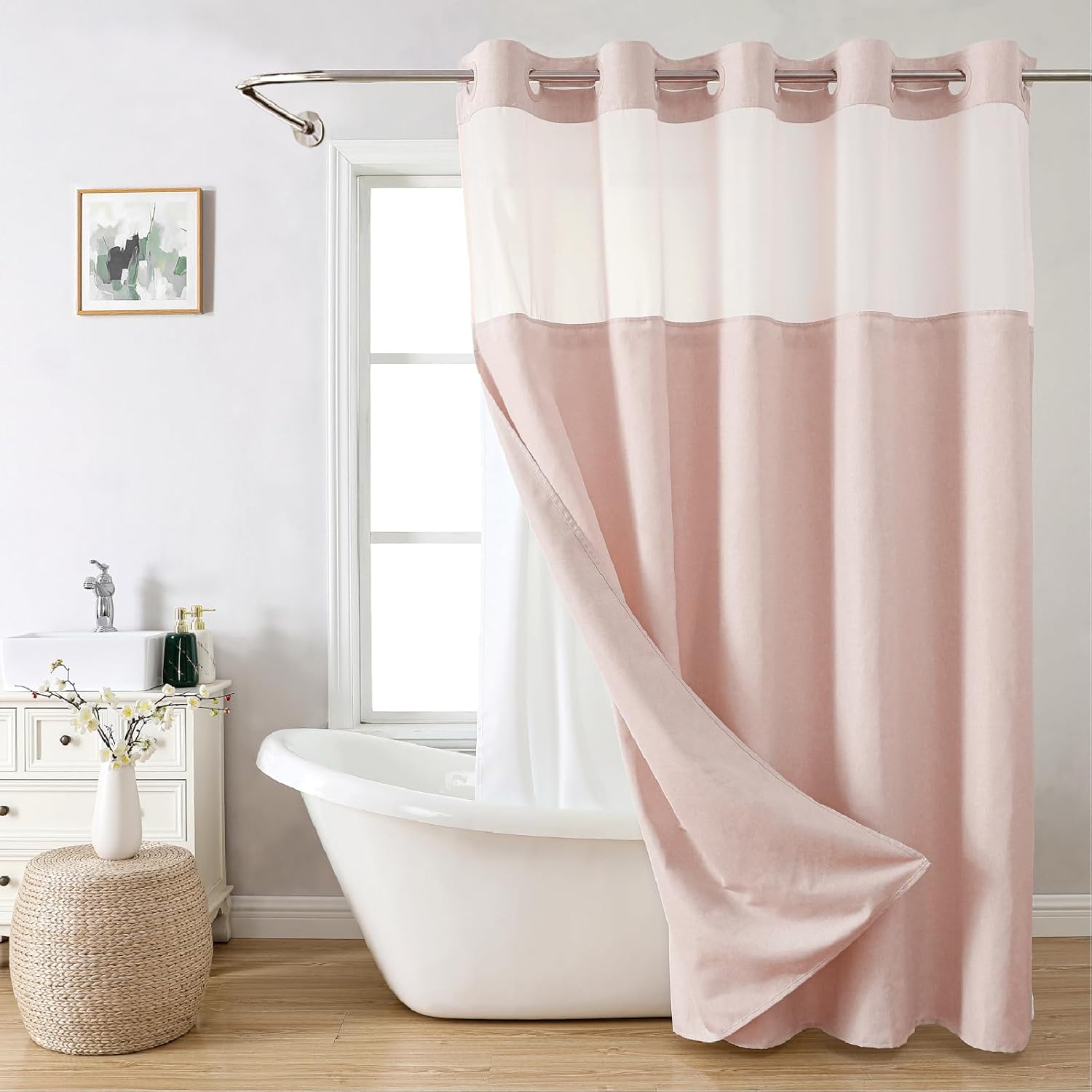 Extra Long No Hooks Needed Linen Textured Shower Curtain with Snap-in Fabric Liner Set,Cream Hotel Luxury Decor Shower Curtains for Bathroom,Waterproof & Washable,71Wx86H