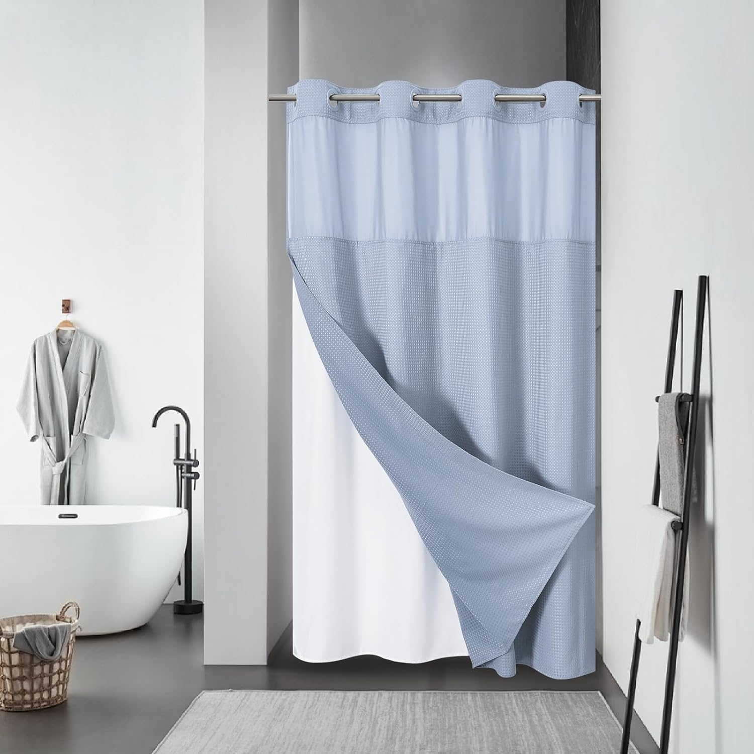 FrostBlue No Hook Waffle Weave Shower Curtain with snap-in Liner Replacement, 230GSM Waterproof Fabric Hotel Shower Curtain Set for Bathroom, Through Mesh Top Window,71Wx74H
