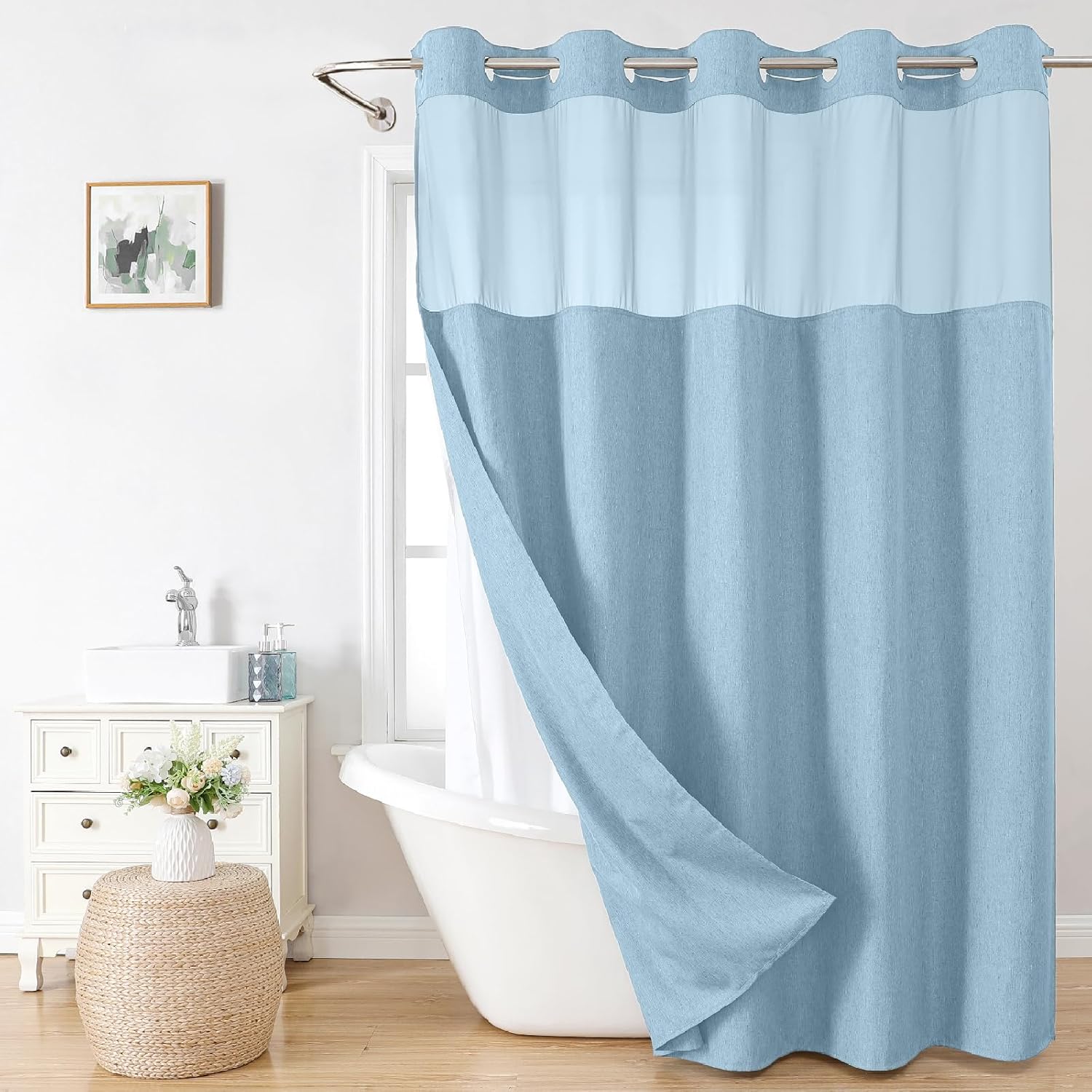 Stall No Hooks Needed Linen Textured Shower Curtain with Snap-in Fabric Liner Set,Hotel Luxury Decor Shower Curtains for Bathroom,Waterproof & Washable,60Wx74H,Cream