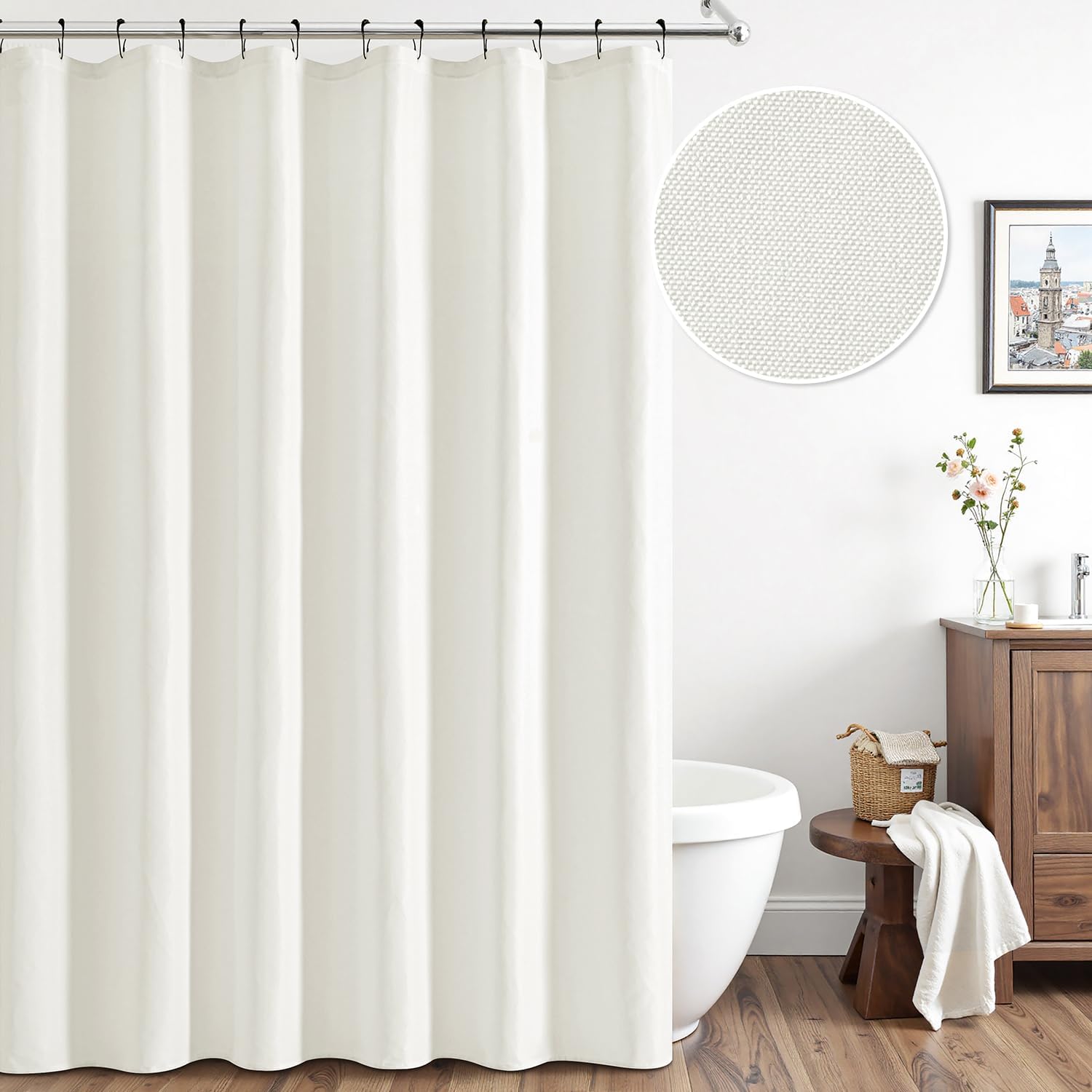 ANRODUO White Extra Long Fabric Shower Curtain, 108 Inch Long Heavy Duty Cloth Shower Curtain Set with 12 Metal Hooks, Waterproof Decor Machine Washable for Bathroom Bathtub Hotel, 72 x 108