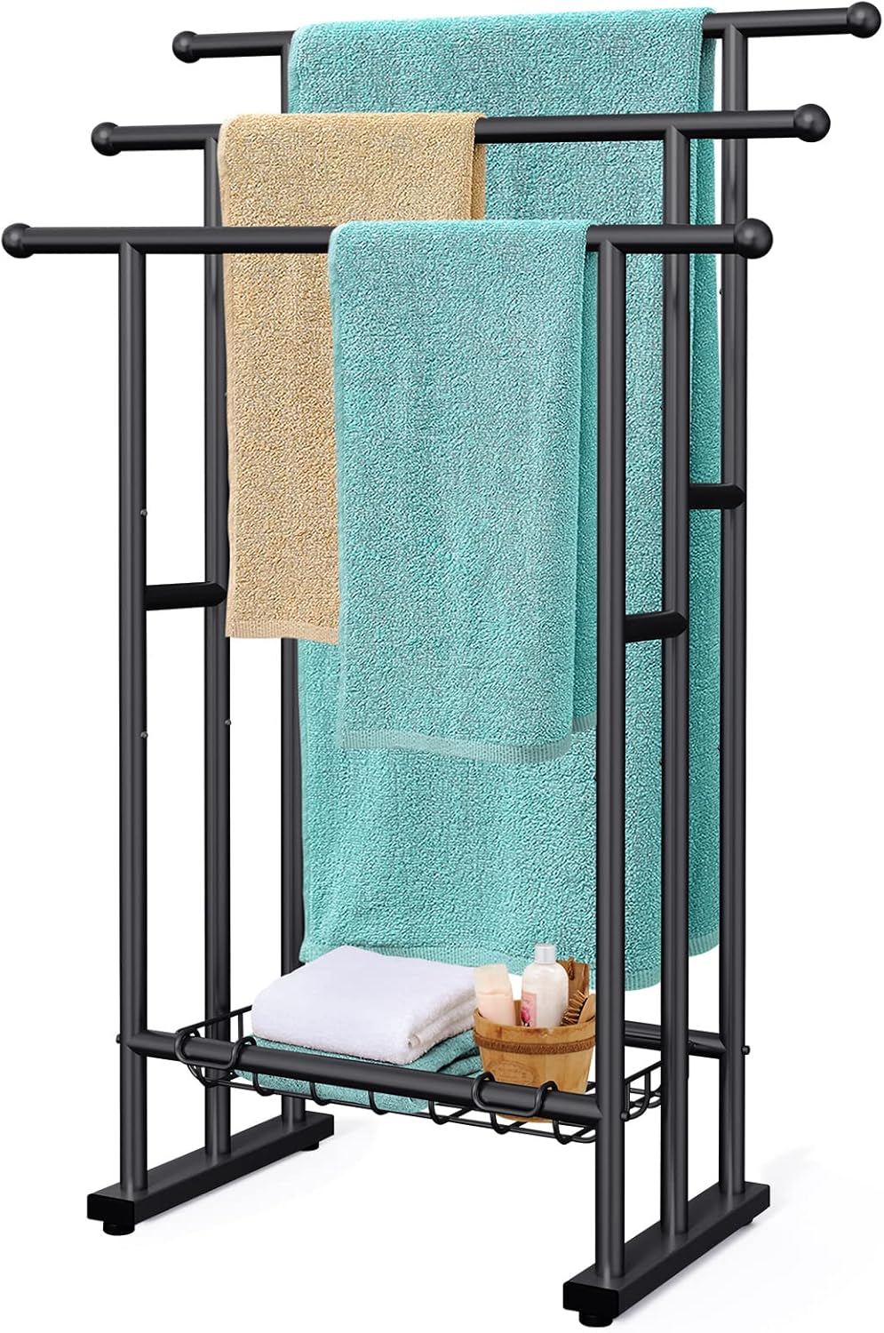 40" Tall Freestanding Towel Racks for Bathroom, 3 Tier Floor Towel Rack with Storage Basket, Blanket Ladder Drying and Display Rack for Large Bath & Hand Towel Outdoor Poolside