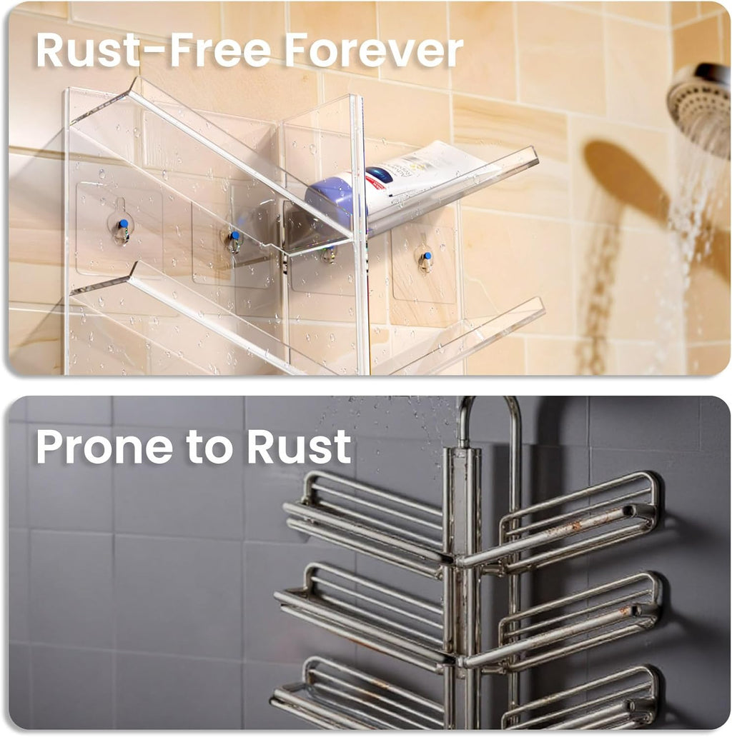 AITEE Acrylic Bathroom Organizer Caddy, Clear Shampoo Holder Wall Mounted, Shower Organizer with Suction Cup, No Drilling and Rustproof, Sturdy and Durable - Combination Shelf