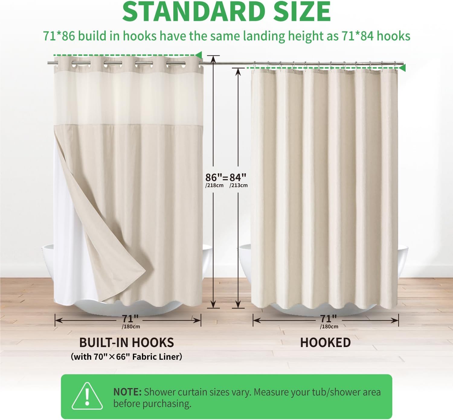 Extra Long No Hooks Needed Linen Textured Shower Curtain with Snap-in Fabric Liner Set,Cream Hotel Luxury Decor Shower Curtains for Bathroom,Waterproof & Washable,71Wx86H