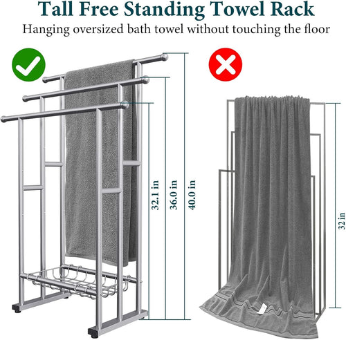 40" Tall Freestanding Towel Racks for Bathroom, 3 Tier Floor Towel Rack with Storage Basket, Blanket Ladder Drying and Display Rack for Large Bath & Hand Towel Outdoor Poolside