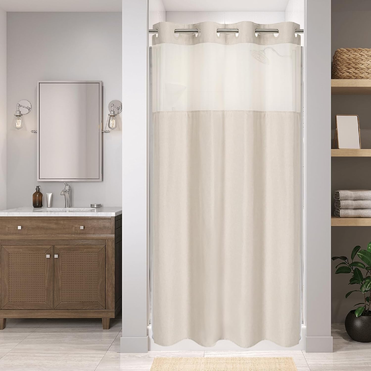 Extra Long No Hooks Needed Linen Textured Shower Curtain with Snap-in Fabric Liner Set,Cream Hotel Luxury Decor Shower Curtains for Bathroom,Waterproof & Washable,71Wx86H