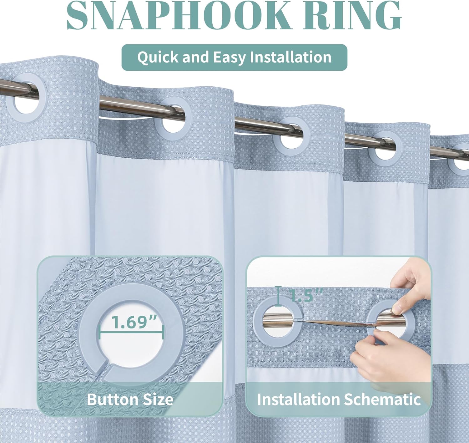 FrostBlue No Hook Waffle Weave Shower Curtain with snap-in Liner Replacement, 230GSM Waterproof Fabric Hotel Shower Curtain Set for Bathroom, Through Mesh Top Window,71Wx74H