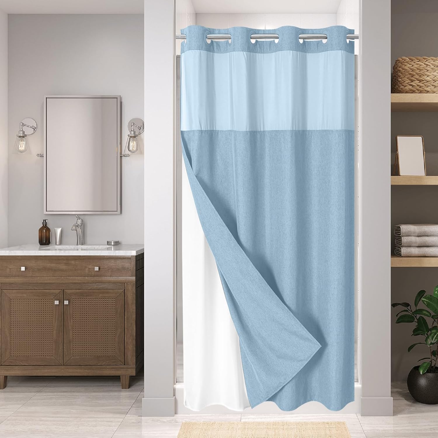 Extra Long No Hooks Needed Linen Textured Shower Curtain with Snap-in Fabric Liner Set,Cream Hotel Luxury Decor Shower Curtains for Bathroom,Waterproof & Washable,71Wx86H