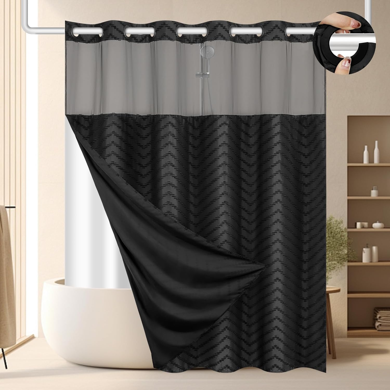 No Hook Shower Curtain and Snap in Liner Set White Tufted Chevron Striped Cloth Waterproof Washable Fabric Boho Bath Curtain with See Through Mesh Top Window for Bathroom Hotel 71" x 74"