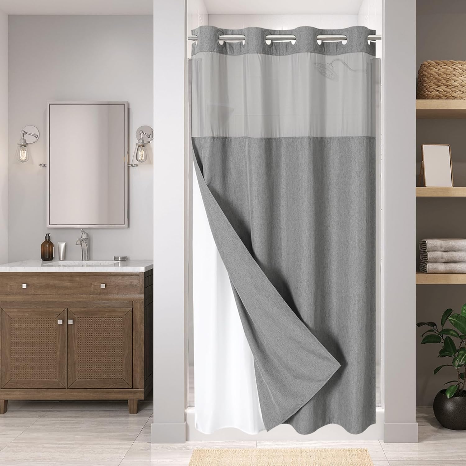 Stall No Hooks Needed Linen Textured Shower Curtain with Snap-in Fabric Liner Set,Hotel Luxury Decor Shower Curtains for Bathroom,Waterproof & Washable,60Wx74H,Cream