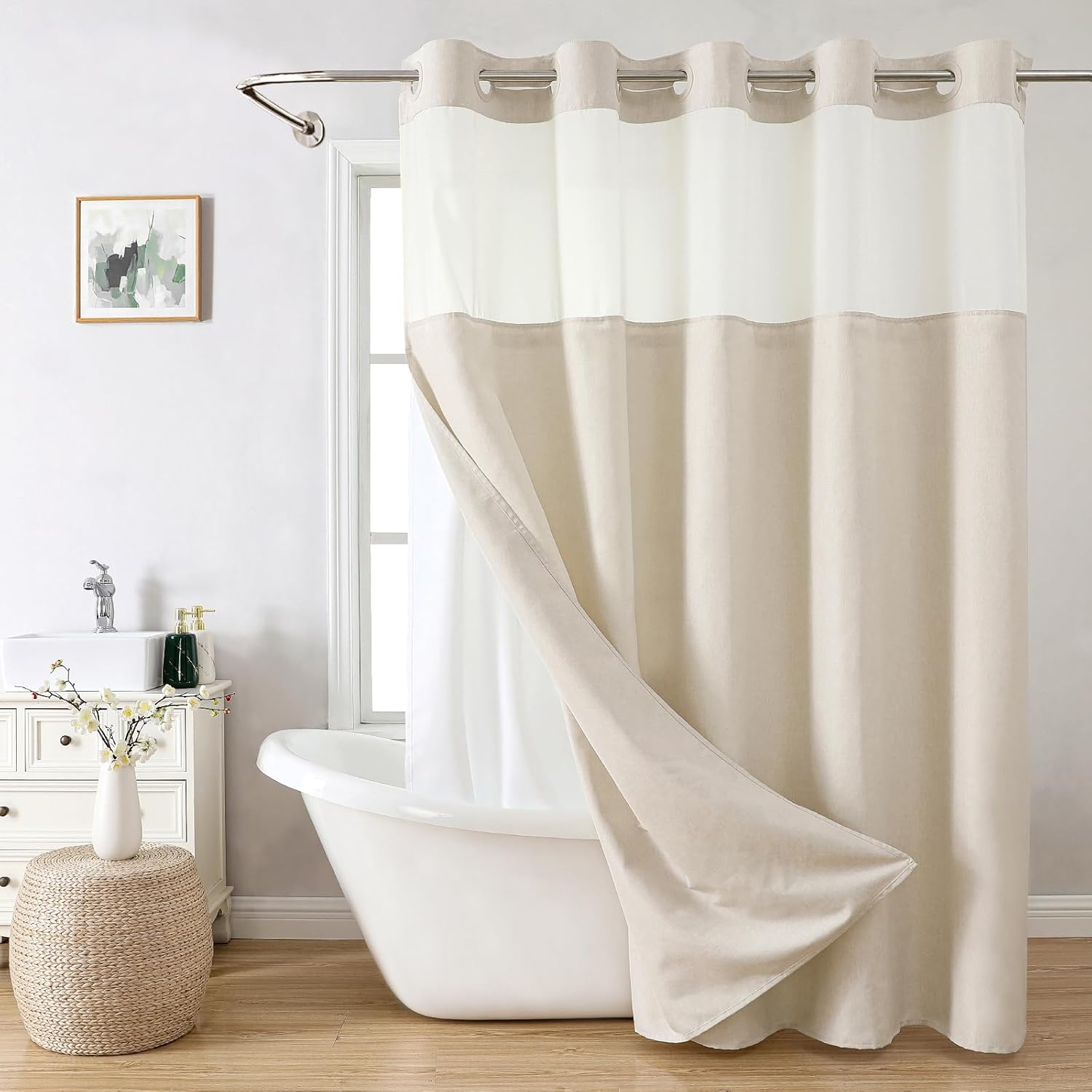 Extra Long No Hooks Needed Linen Textured Shower Curtain with Snap-in Fabric Liner Set,Cream Hotel Luxury Decor Shower Curtains for Bathroom,Waterproof & Washable,71Wx86H