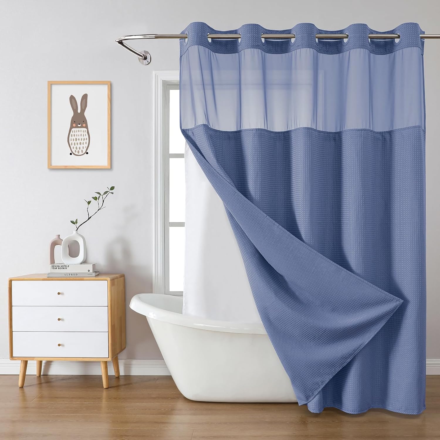 FrostBlue No Hook Waffle Weave Shower Curtain with snap-in Liner Replacement, 230GSM Waterproof Fabric Hotel Shower Curtain Set for Bathroom, Through Mesh Top Window,71Wx74H