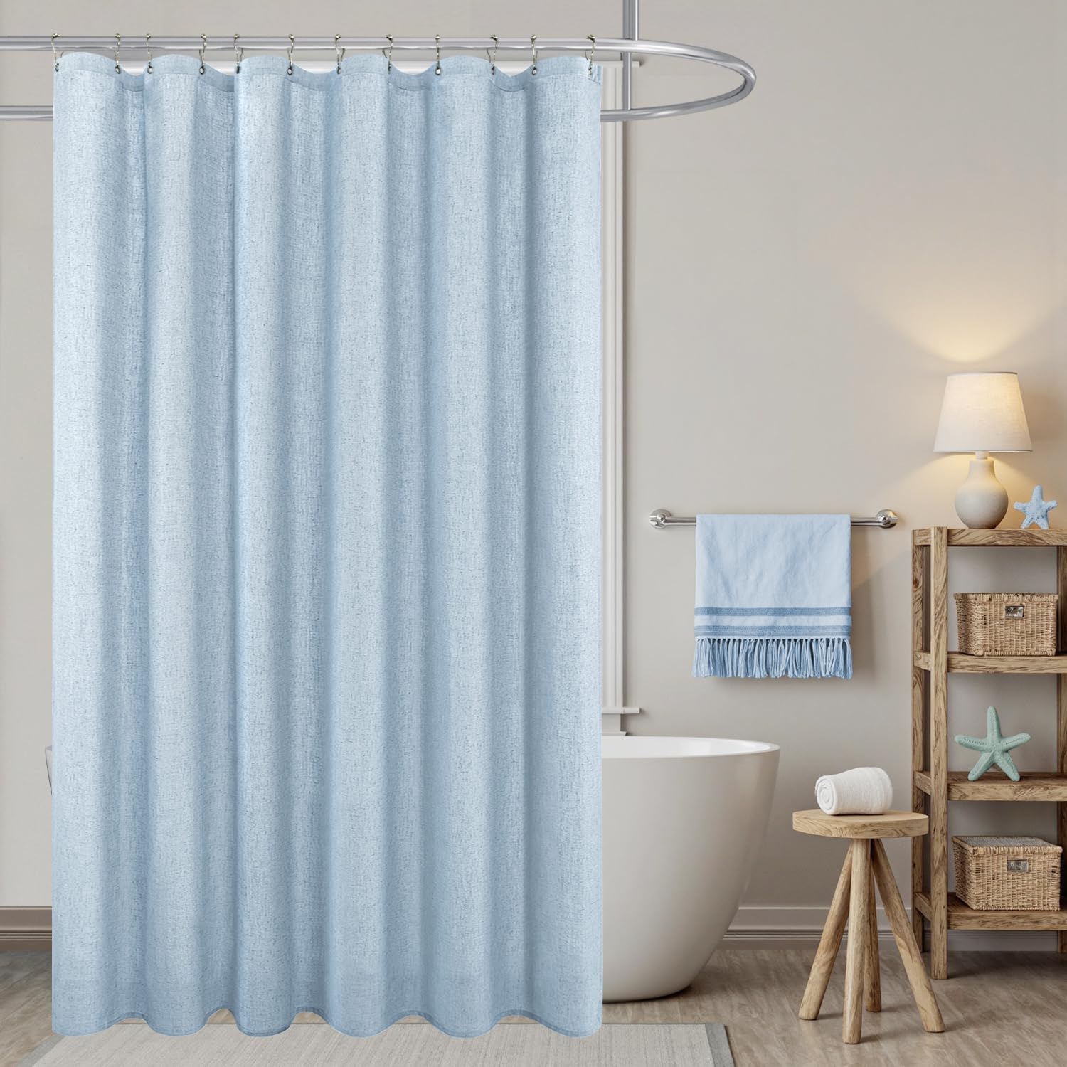 KOUFALL Natural Linen Fabric Shower Curtain Liner Set with Hooks Outdoor Waterproof Water Vintage Country Style Rustic Shower Curtains for Bathroom,Tan Beige,72 x 84 Inch Tall