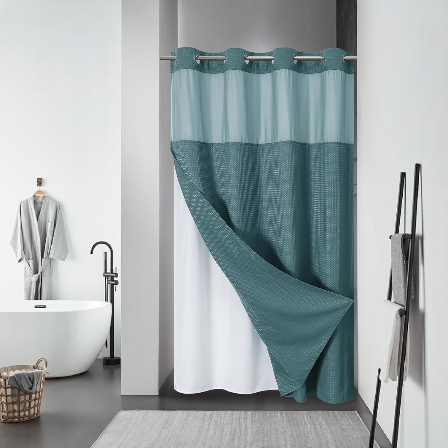 FrostBlue No Hook Waffle Weave Shower Curtain with snap-in Liner Replacement, 230GSM Waterproof Fabric Hotel Shower Curtain Set for Bathroom, Through Mesh Top Window,71Wx74H