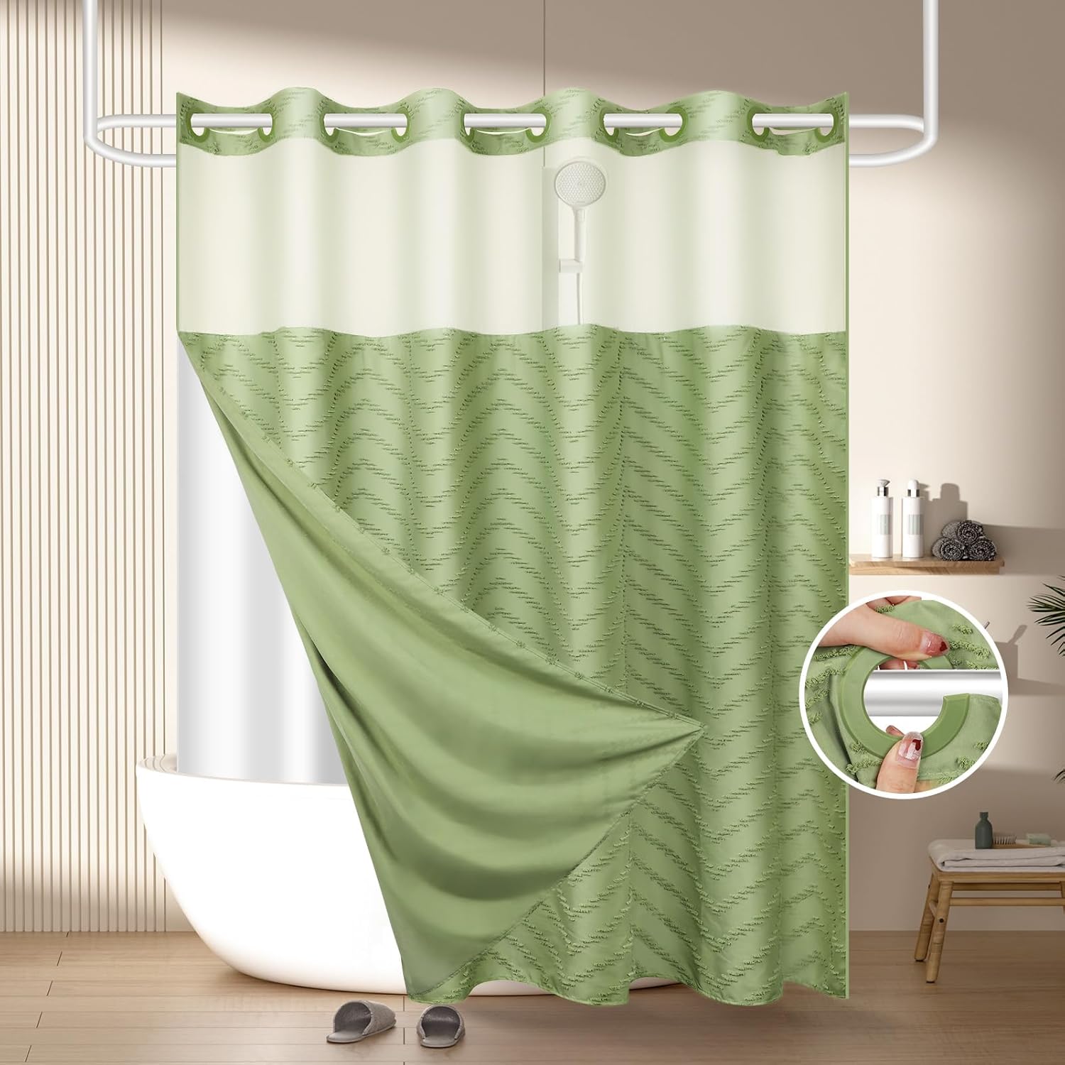 No Hook Shower Curtain and Snap in Liner Set White Tufted Chevron Striped Cloth Waterproof Washable Fabric Boho Bath Curtain with See Through Mesh Top Window for Bathroom Hotel 71" x 74"