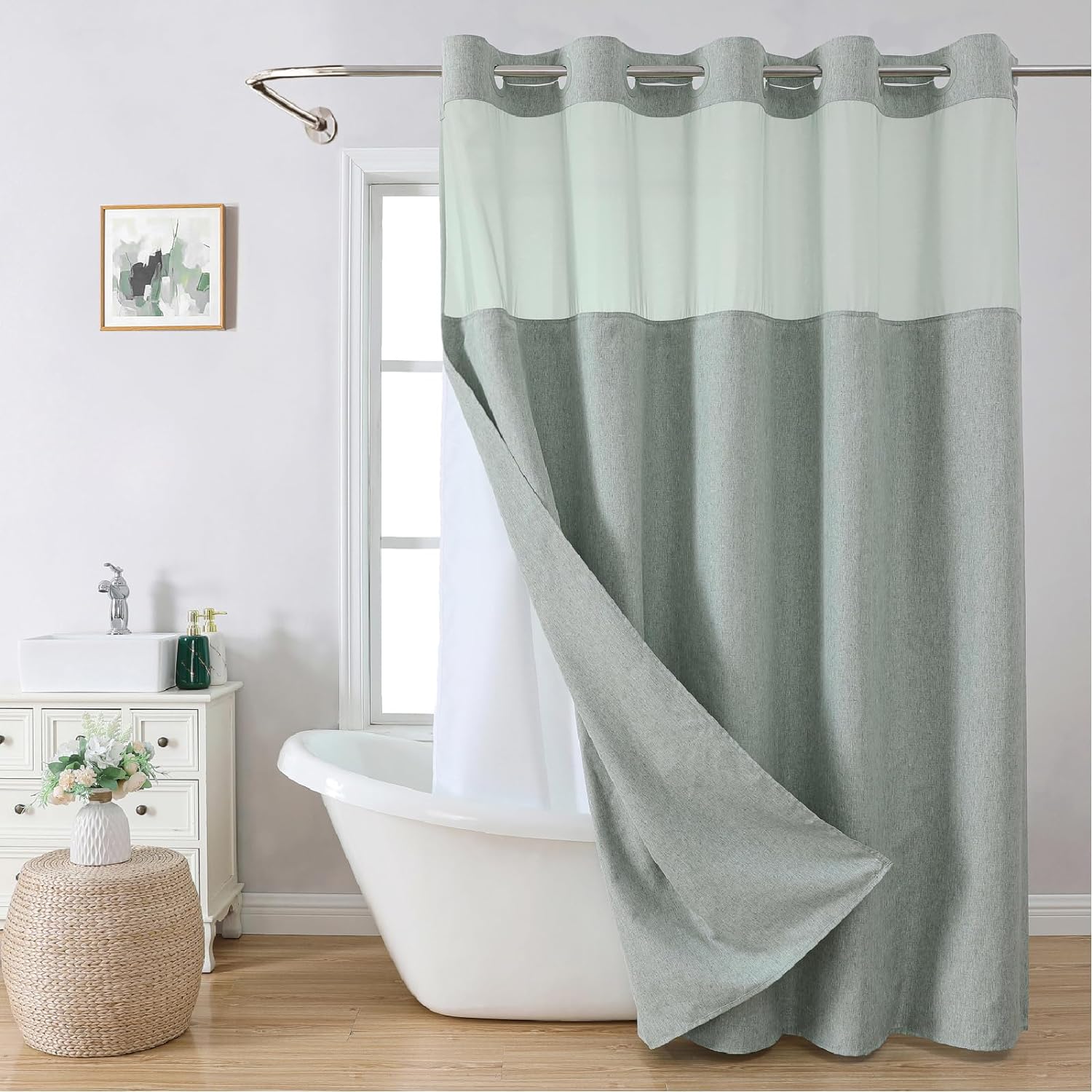 Extra Long No Hooks Needed Linen Textured Shower Curtain with Snap-in Fabric Liner Set,Cream Hotel Luxury Decor Shower Curtains for Bathroom,Waterproof & Washable,71Wx86H