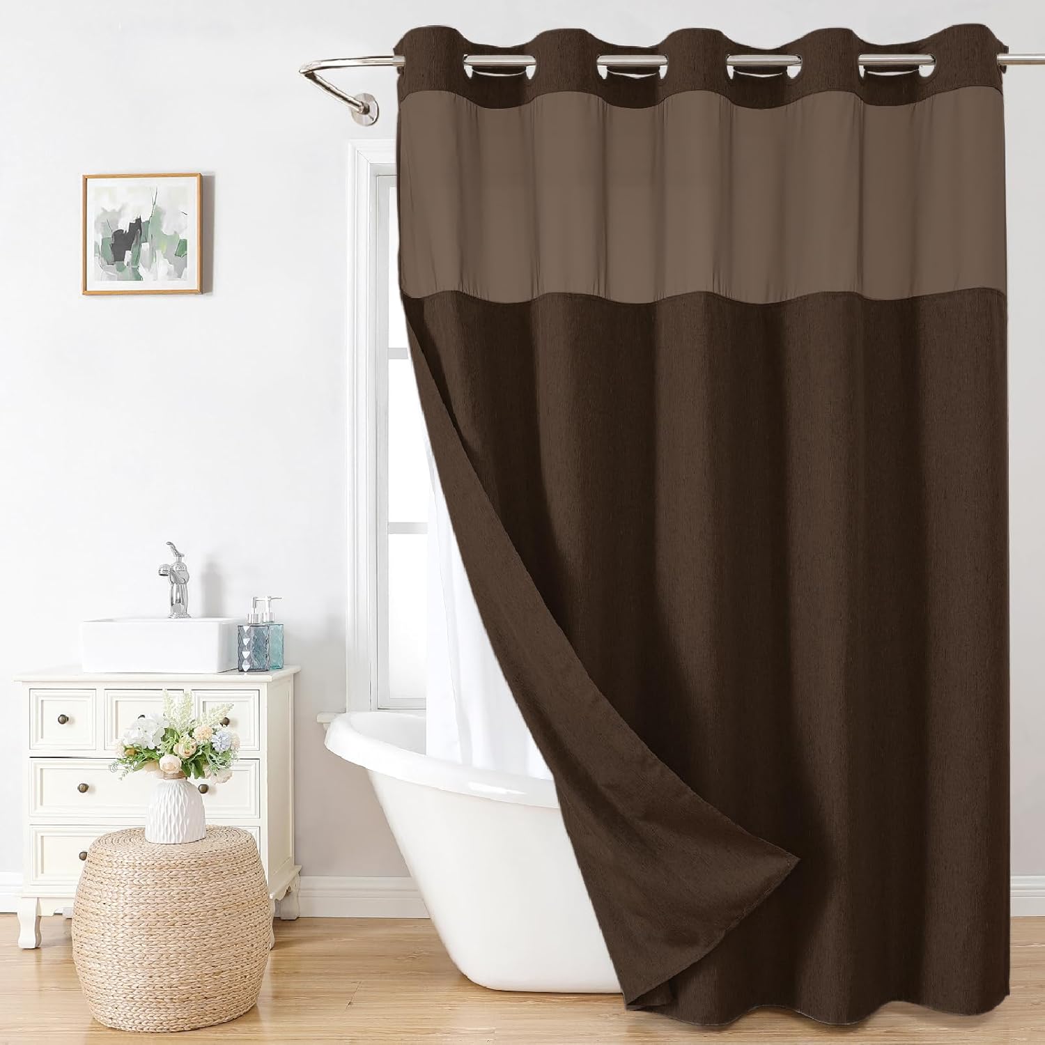 Extra Long No Hooks Needed Linen Textured Shower Curtain with Snap-in Fabric Liner Set,Cream Hotel Luxury Decor Shower Curtains for Bathroom,Waterproof & Washable,71Wx86H