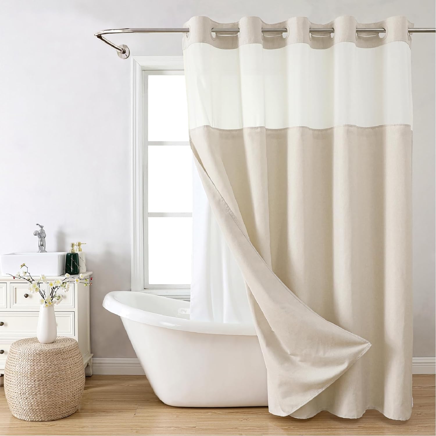 Stall No Hooks Needed Linen Textured Shower Curtain with Snap-in Fabric Liner Set,Hotel Luxury Decor Shower Curtains for Bathroom,Waterproof & Washable,60Wx74H,Cream