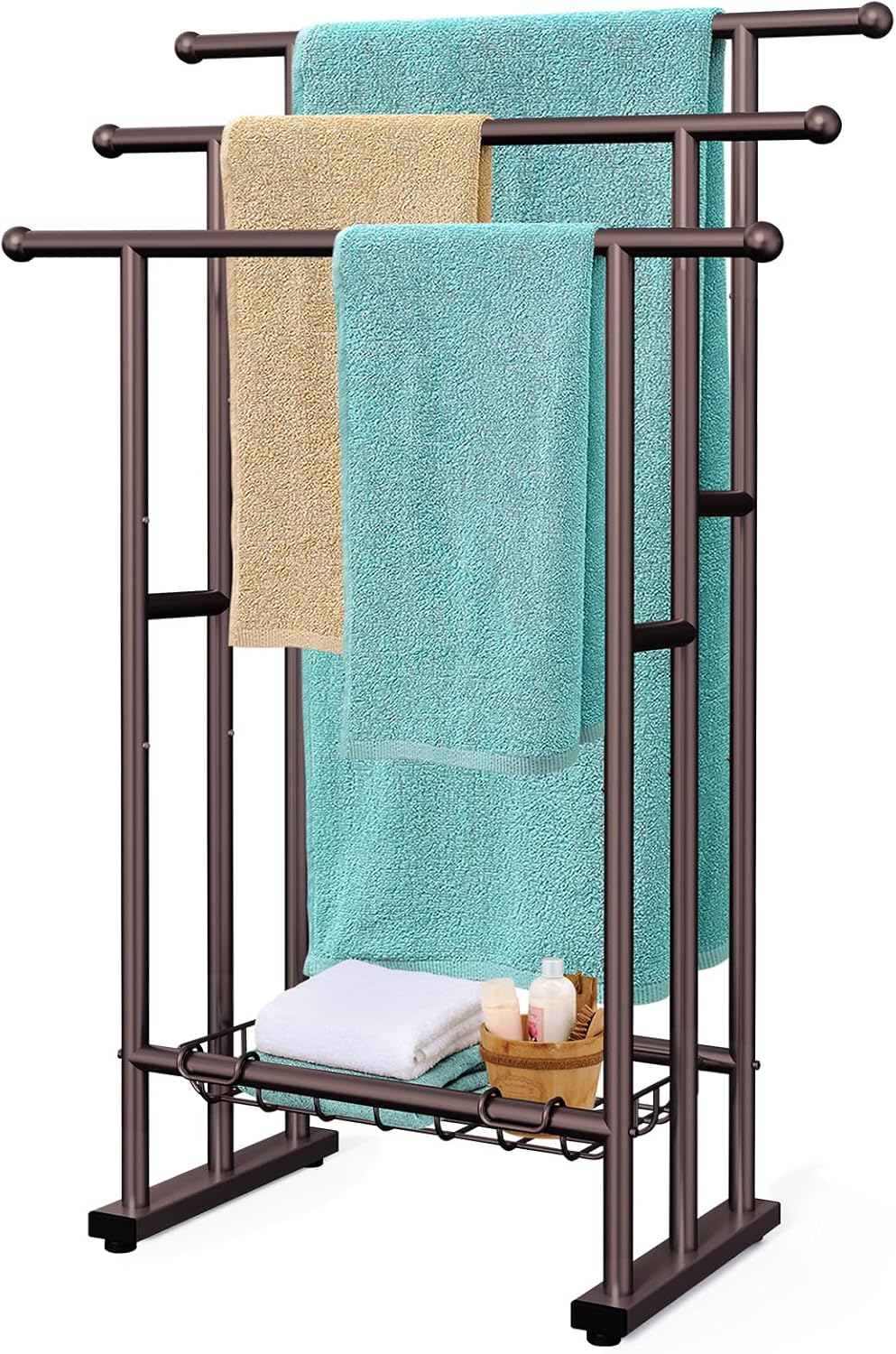 40" Tall Freestanding Towel Racks for Bathroom, 3 Tier Floor Towel Rack with Storage Basket, Blanket Ladder Drying and Display Rack for Large Bath & Hand Towel Outdoor Poolside