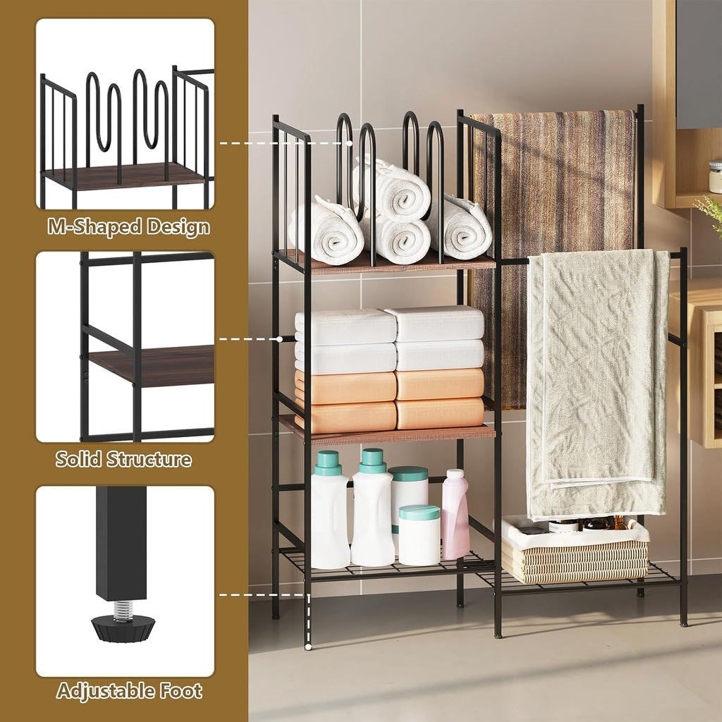 aboxoo Free Standing Towel Rack, 3 Tier Blanket Rack with M-Shaped Dividers,2 Tier Drying and Display Rack, Towel Holder for Bathroom,Blanket Storage for Living Room, Rustic Brown and Black