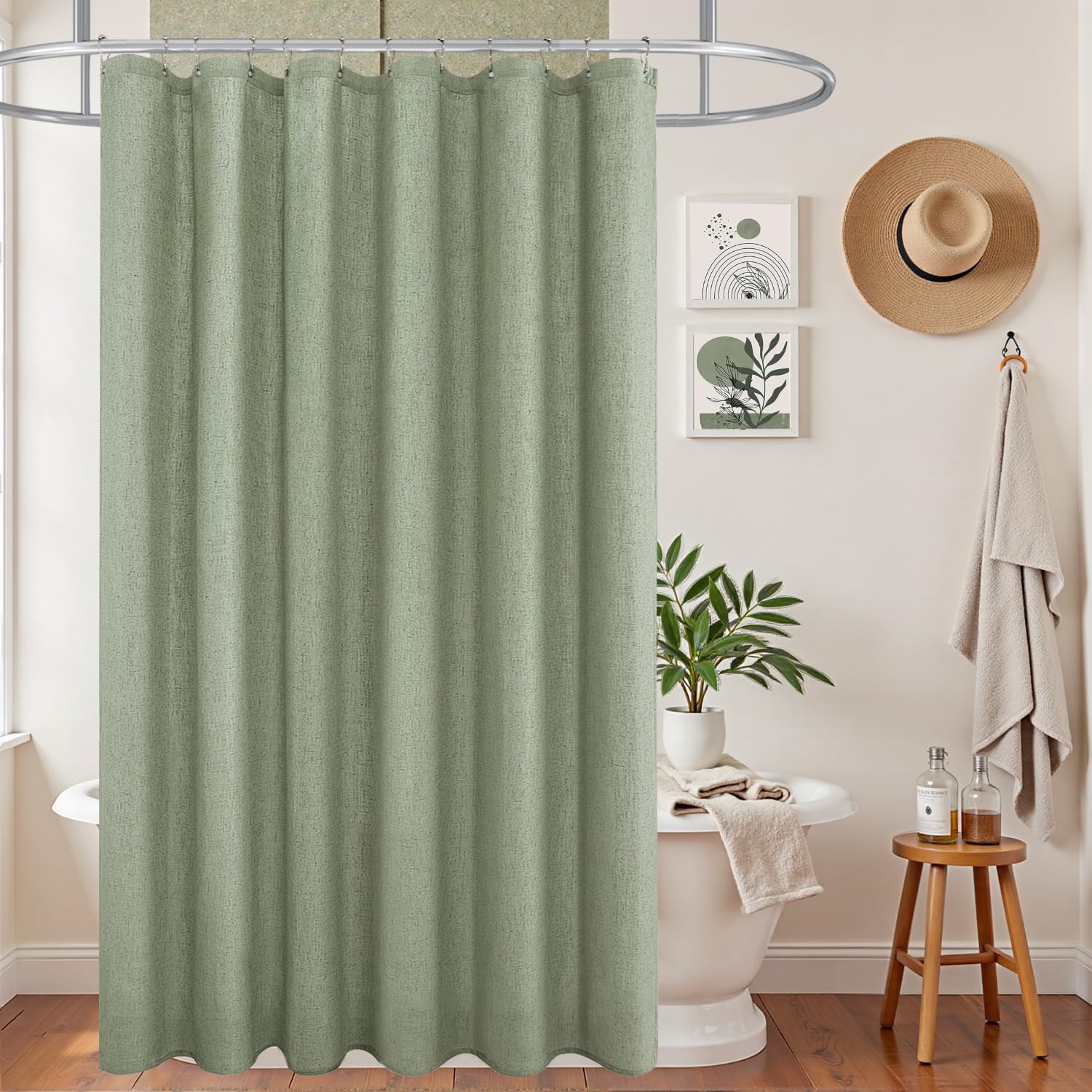 KOUFALL Natural Linen Fabric Shower Curtain Liner Set with Hooks Outdoor Waterproof Water Vintage Country Style Rustic Shower Curtains for Bathroom,Tan Beige,72 x 84 Inch Tall