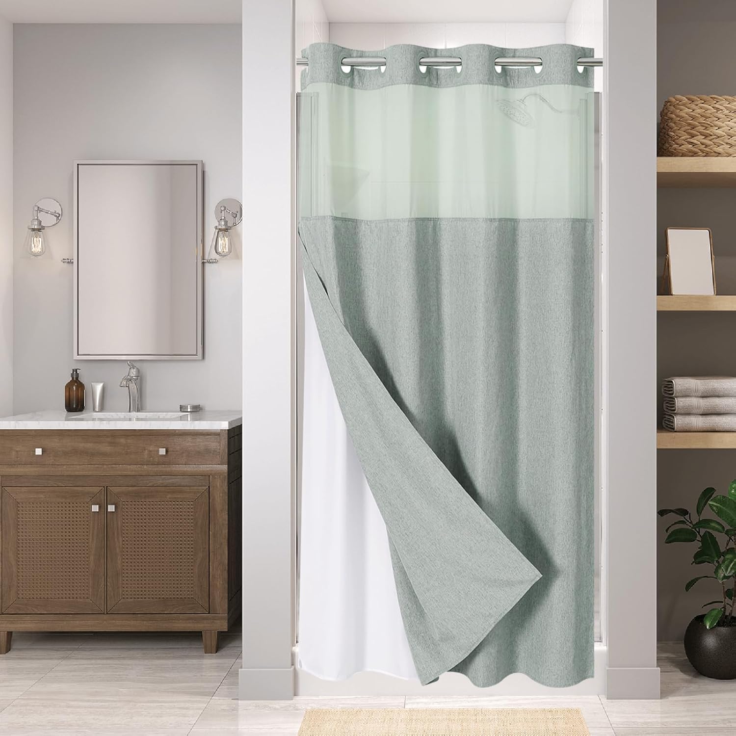 Stall No Hooks Needed Linen Textured Shower Curtain with Snap-in Fabric Liner Set,Hotel Luxury Decor Shower Curtains for Bathroom,Waterproof & Washable,60Wx74H,Cream