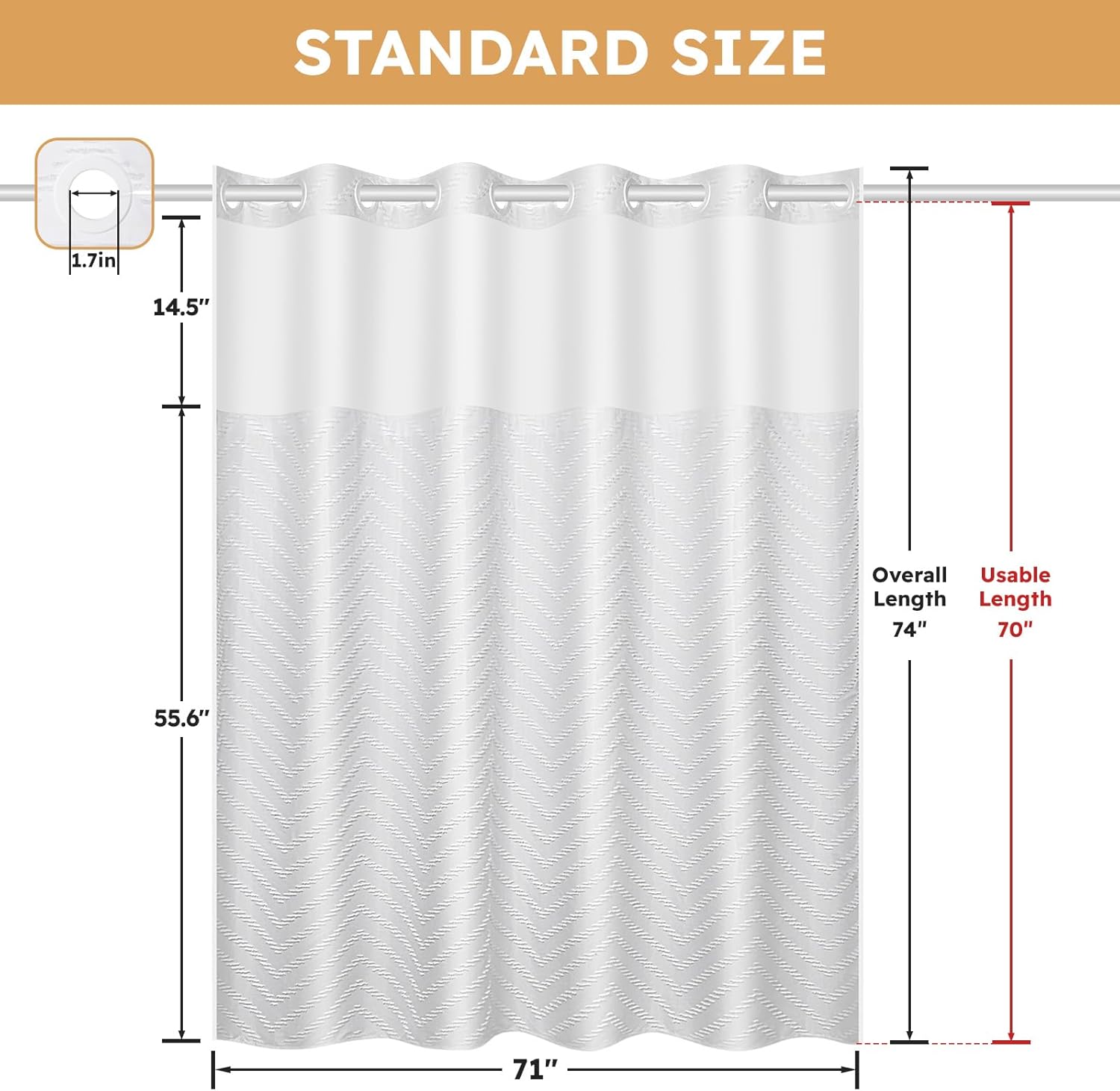 No Hook Shower Curtain and Snap in Liner Set White Tufted Chevron Striped Cloth Waterproof Washable Fabric Boho Bath Curtain with See Through Mesh Top Window for Bathroom Hotel 71" x 74"